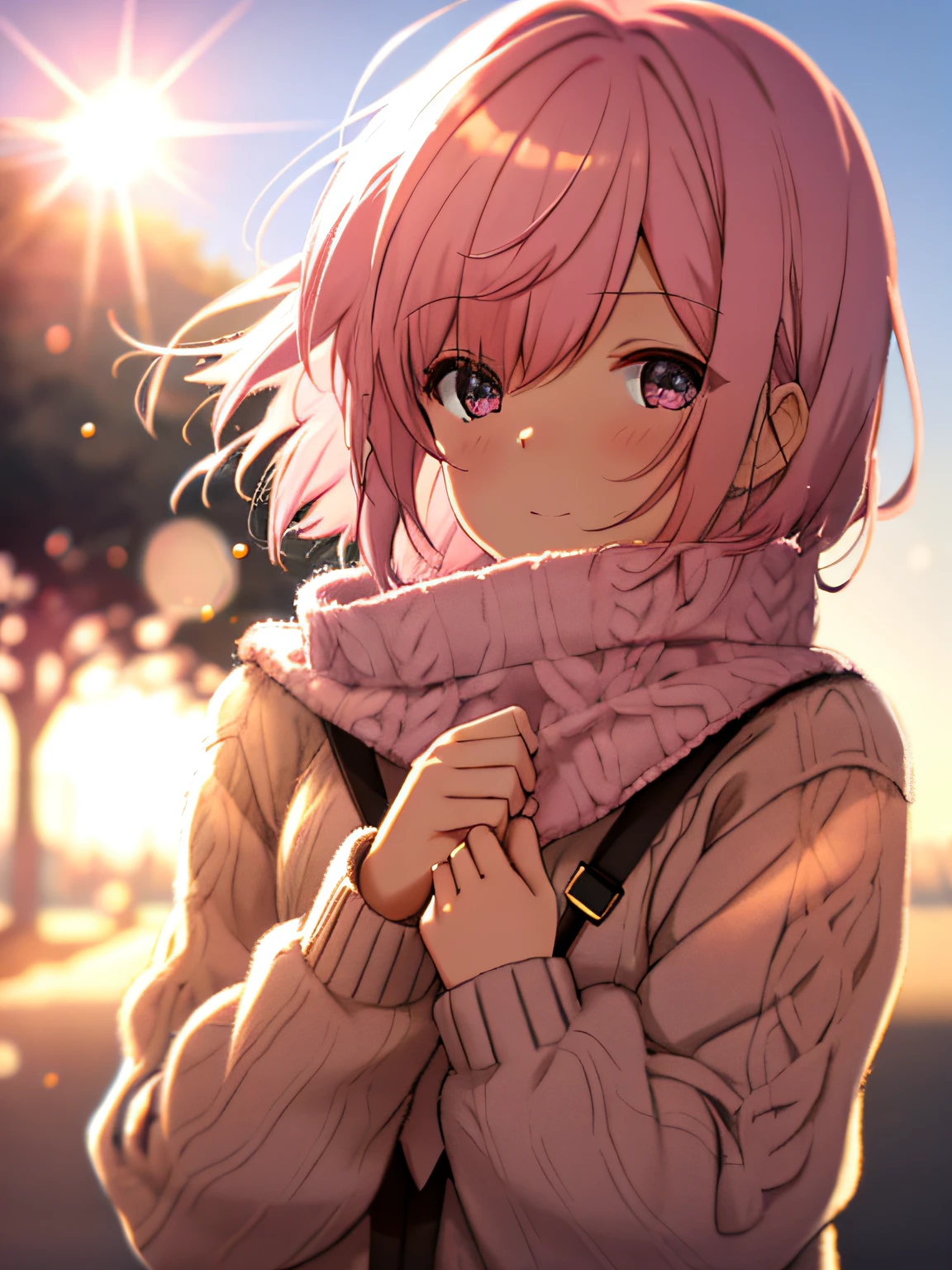 a girl, cosy sweater on, upper body, sun glare, bokeh, depth of field, blurry background, light particles, strong wind, pink hair, short pink hair