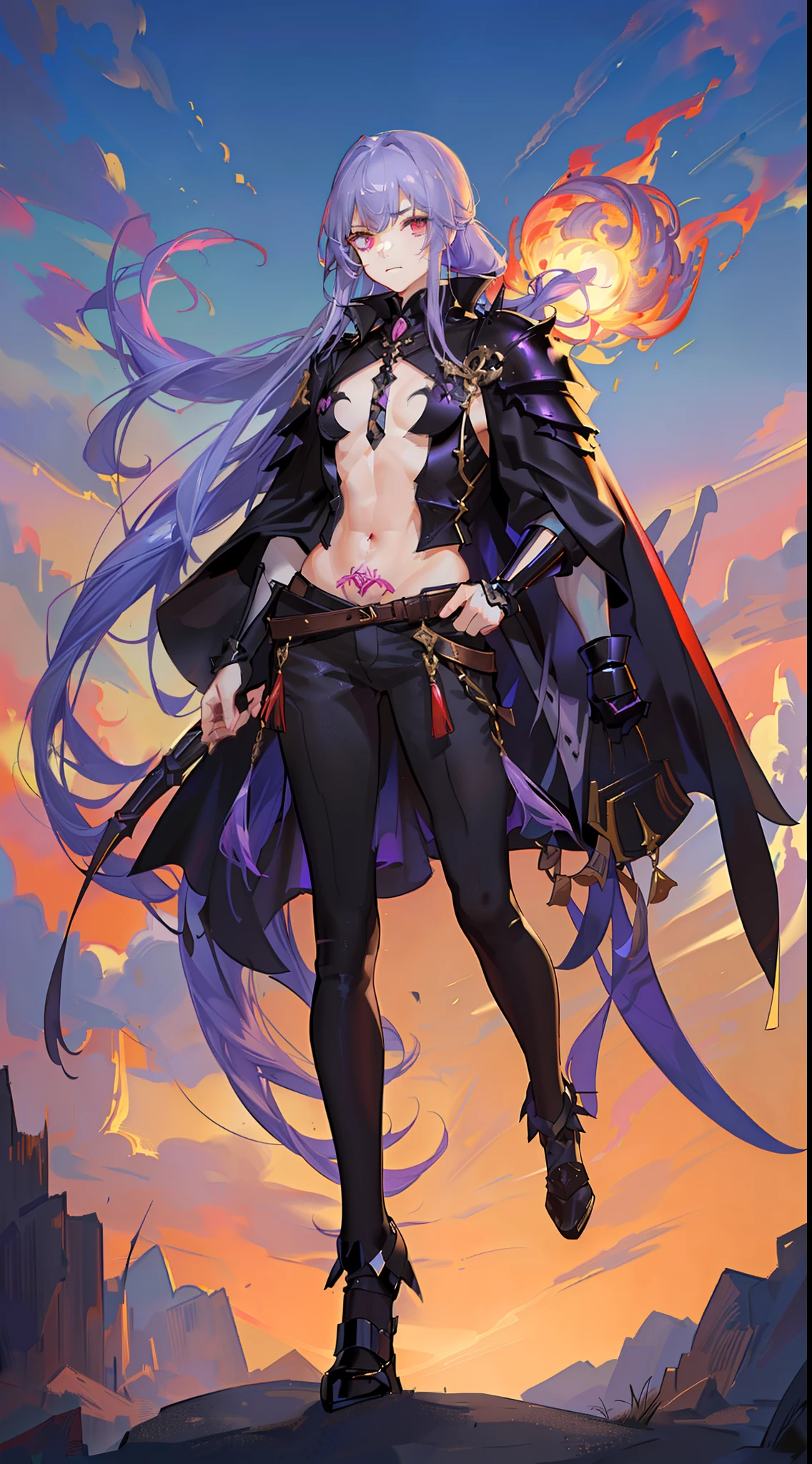 Grown-up guy, long purple hair, Part of the hair is gathered in a high ponytail, Heterochromia, The left eye is purple, Red right eye, The Monkey King's Armor, open torso, lots of tattoos, clouds beneath your feet, Masterpiece, hiquality, 4k, HD, Good detail