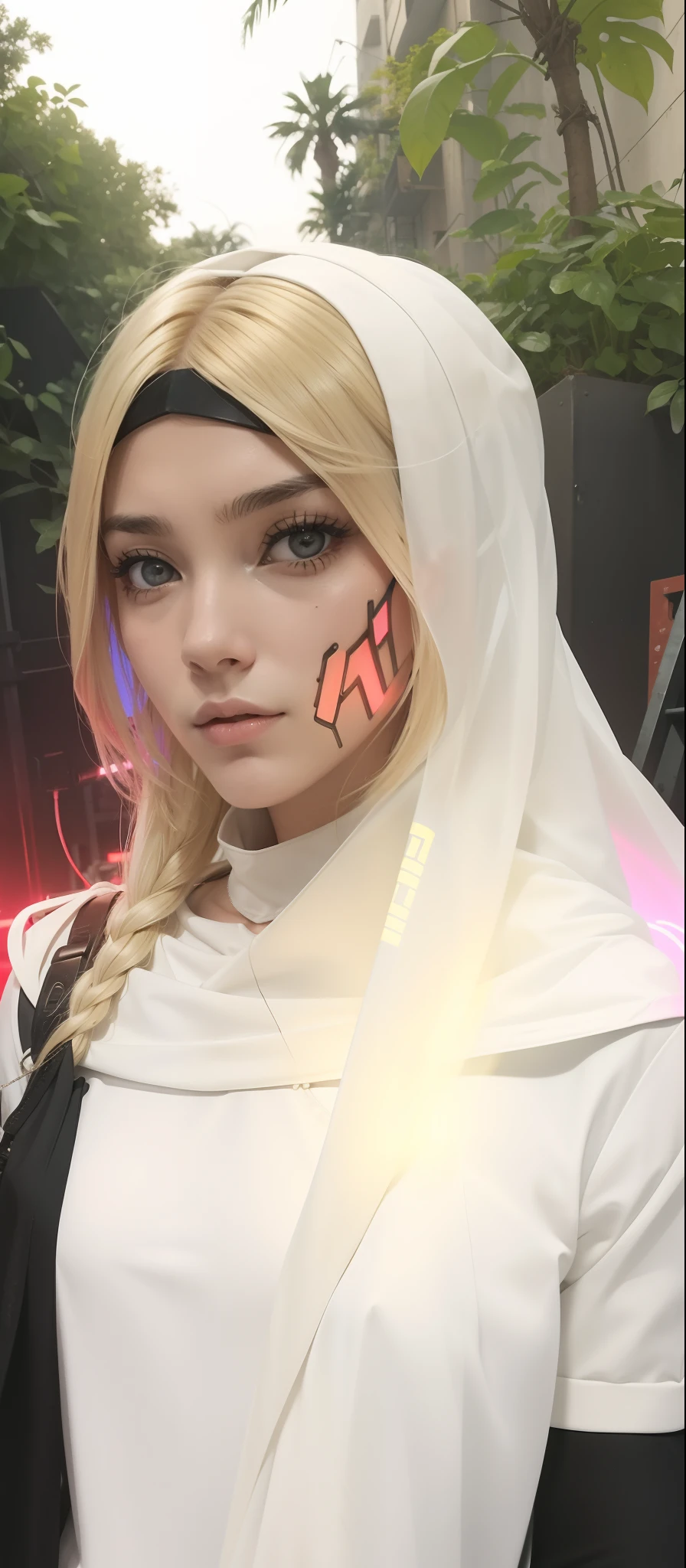 (extremadamente detallado, obra maestra, La mejor calidad), intense illumination, mujer joven rubia dentro de exoesqueleto cyberpunk. luces de neon, cables, entorno industrial. armamento pesado, Giant fists. Luz de caravaggio.