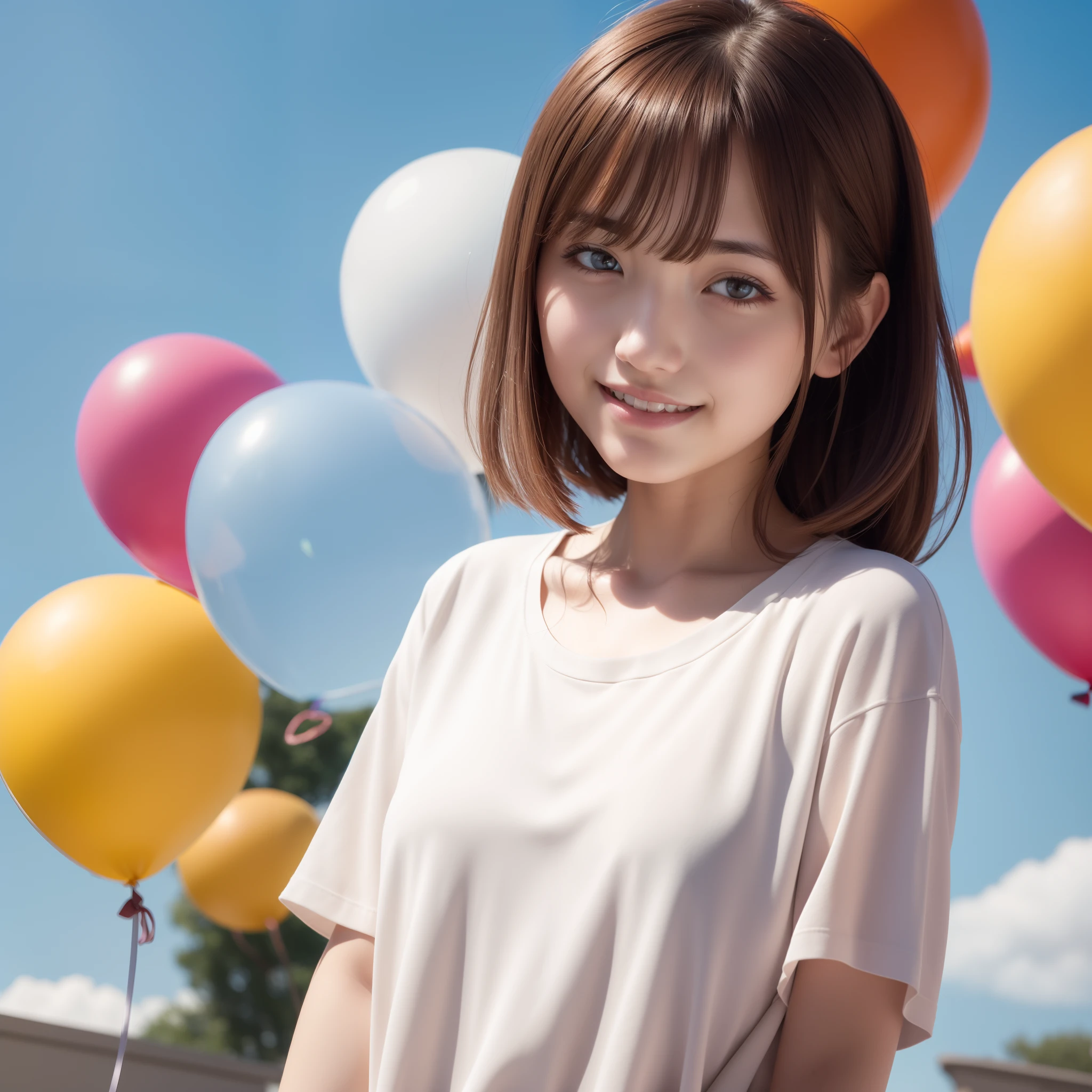 masterpiece, super detail, high quality, award winning, 8k, balloons, various colors, girl, solo, brown hair, medium hair, bangs, smile, closed mouth, casual fashion