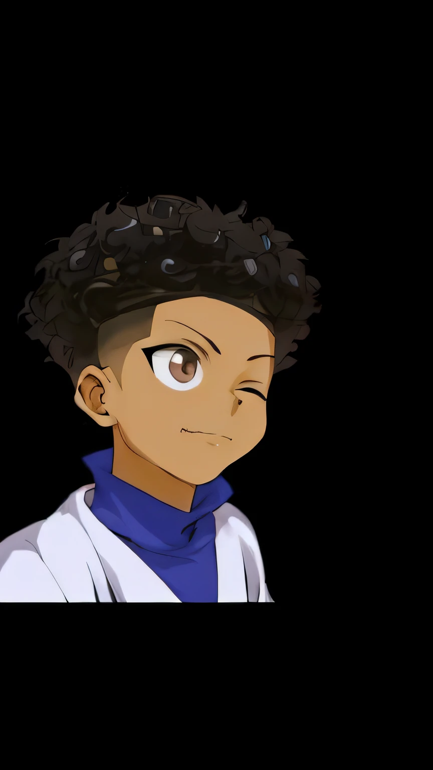 um desenho animado de um com um cabelo preto com uma camisa preta, Estilo anime de Will Smith, como um personagem de anime, Aramaki Shinji, ele tem cabelos castanhos curtos e cacheados, personagem estilo anime, personagem de anime, Arte Oficial, anime afrofuturismo, personagem de anime masculino, jovem homem de anime, Shinji, Hannah Yata, taken in the early 2020s