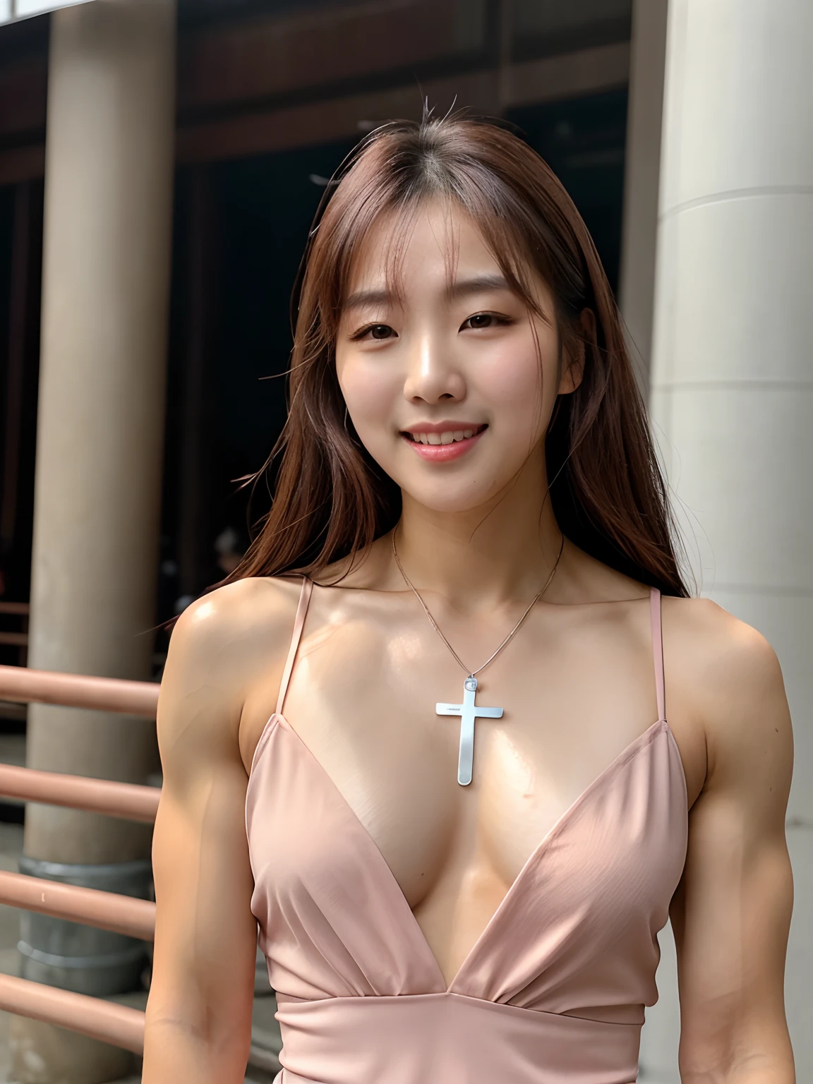 attractive korean woman, ripped muscle, muscular body, small breast, pale skin, tired(blush), brown dress, cross pendant, sixpack abs, [ultra detailed skin:1.2], brown hair, messy long hair, 8k uhd, full body, stand, sweat, cum on face, crowd, public, night,