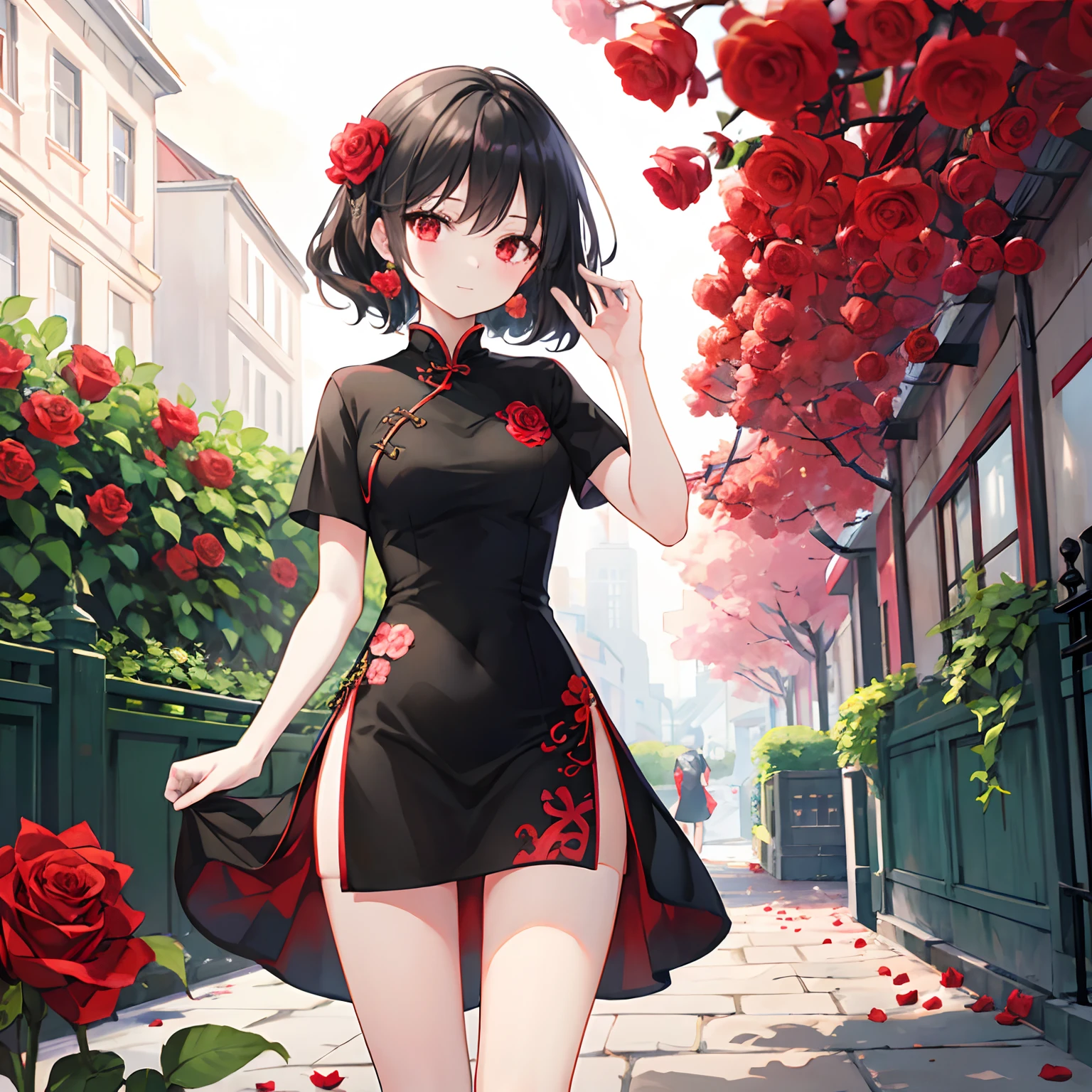 Wavy black hair、red eyes、Beautiful girl alone、qipao dress、a miniskirt、Bright red rose garden、