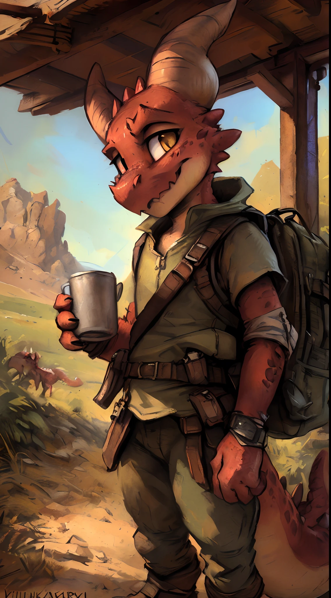 (((by fluff-kevlar, by Zackary911, by Kenket, by Kilinah))), solo male ((Kobold)), (detailed Kobold)) wearing a long wizard robe, muscular toned, Kobold horns, Kobold tail, messy hair, thigh highs, black thong, shirtless, front view, looking at the observer with an embarrassed smile, blush, perspective, finely detailed paws, punk style, adventure backpack,
