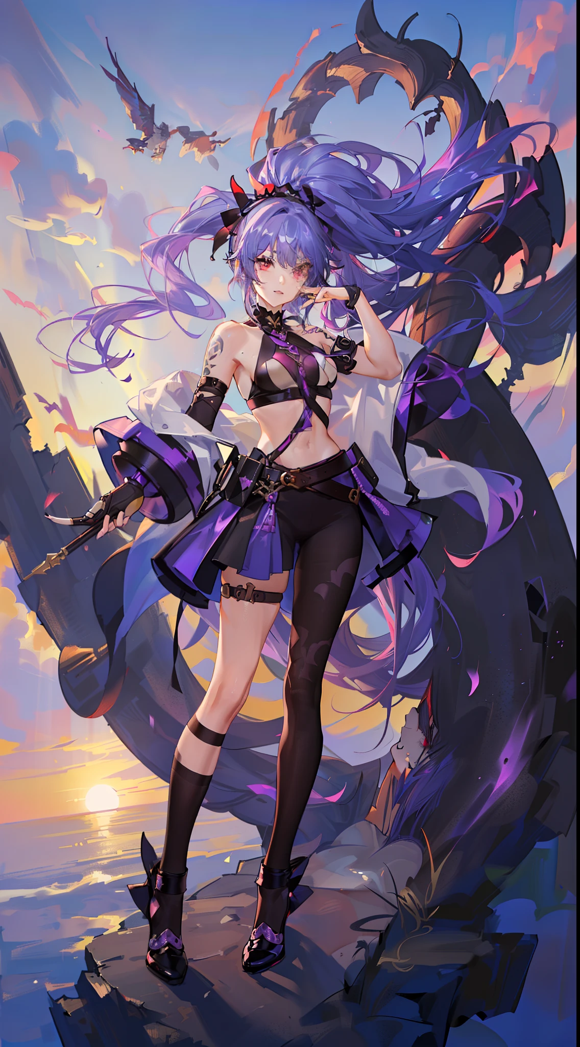 league of legend female character, hyper league of legend art style, void magic student, ((cloak, mini skirt, badge, hand glove, belt, armlet, scarf)), ((colorful twintails, colorful pupil, stripe make up, perfect body shape)), (evil aura, vine effect), (masterpieces, fantasy world, hyper resolution), library background, breast expose, nipple, smirk face, ((costume design blueprint))