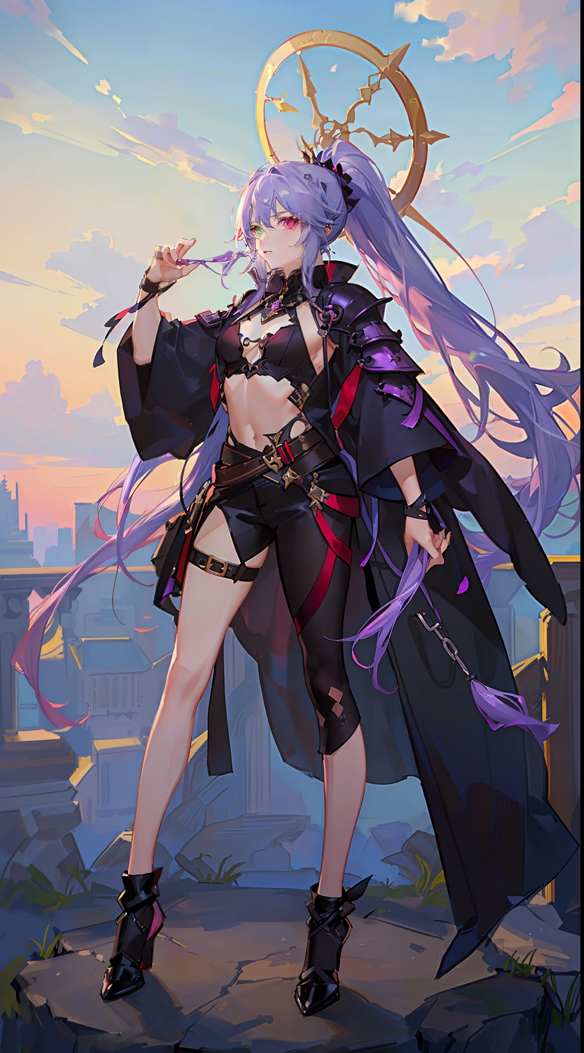 Grown-up guy, long purple hair, Part of the hair is gathered in a high ponytail, Heterochromia, The left eye is purple, Red right eye, The Monkey King's Armor, open torso, lots of tattoos, clouds beneath your feet, Masterpiece, hiquality, 4k, HD, Good detail