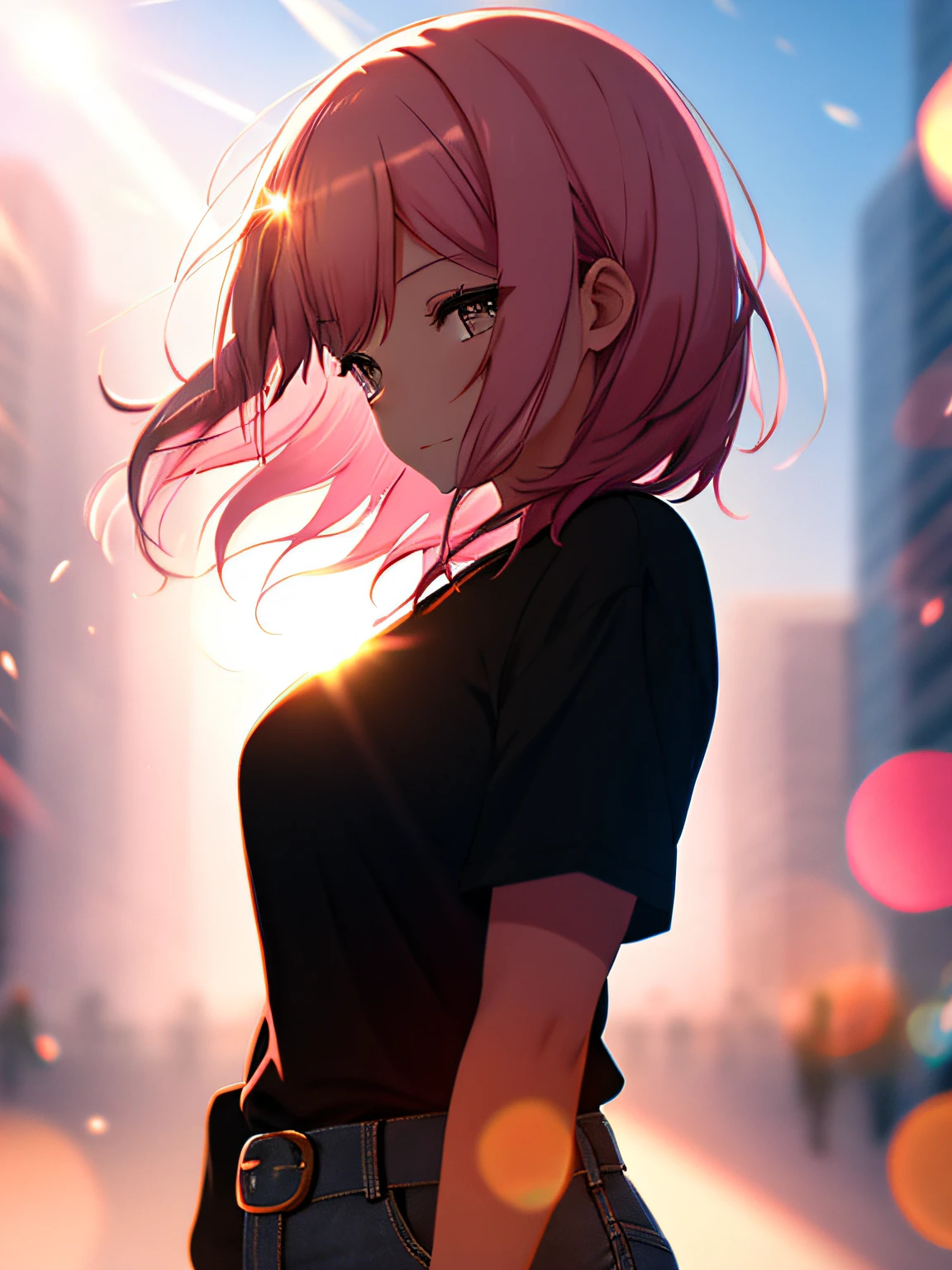 a girl, black shirt, jeans, sun glare, bokeh, depth of field, blurry background, light particles, strong wind, pink hair, short pink hair