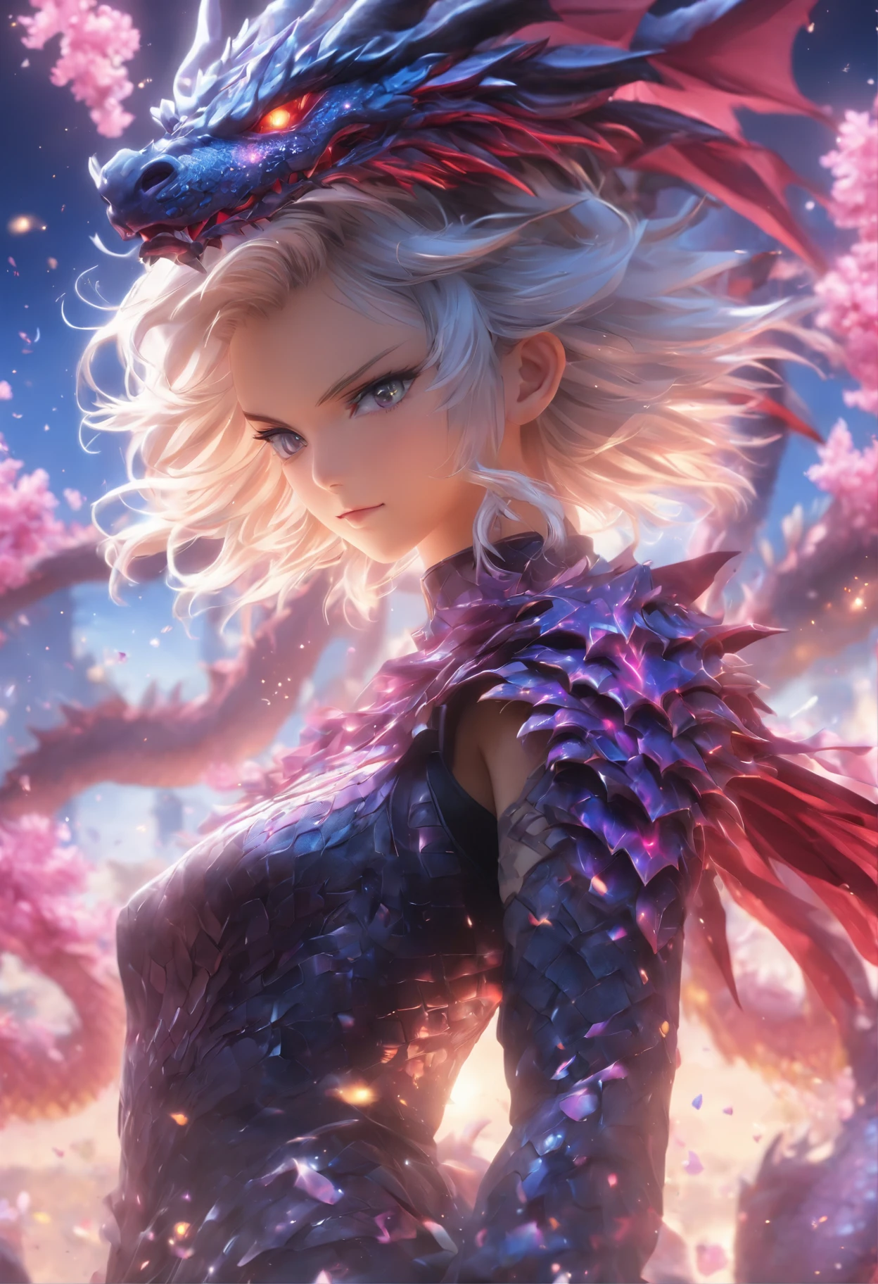 masterpiece、top-quality、High-quality images、hight resolution、8K、1womanl、skin gloss、Detailed eye depiction、the detail、Anatomically accurate、short silver hair、Black leather costume、Long leather boots、big axe、white dragon、Dragon united with cumulonimbus clouds、Dazzling white energy