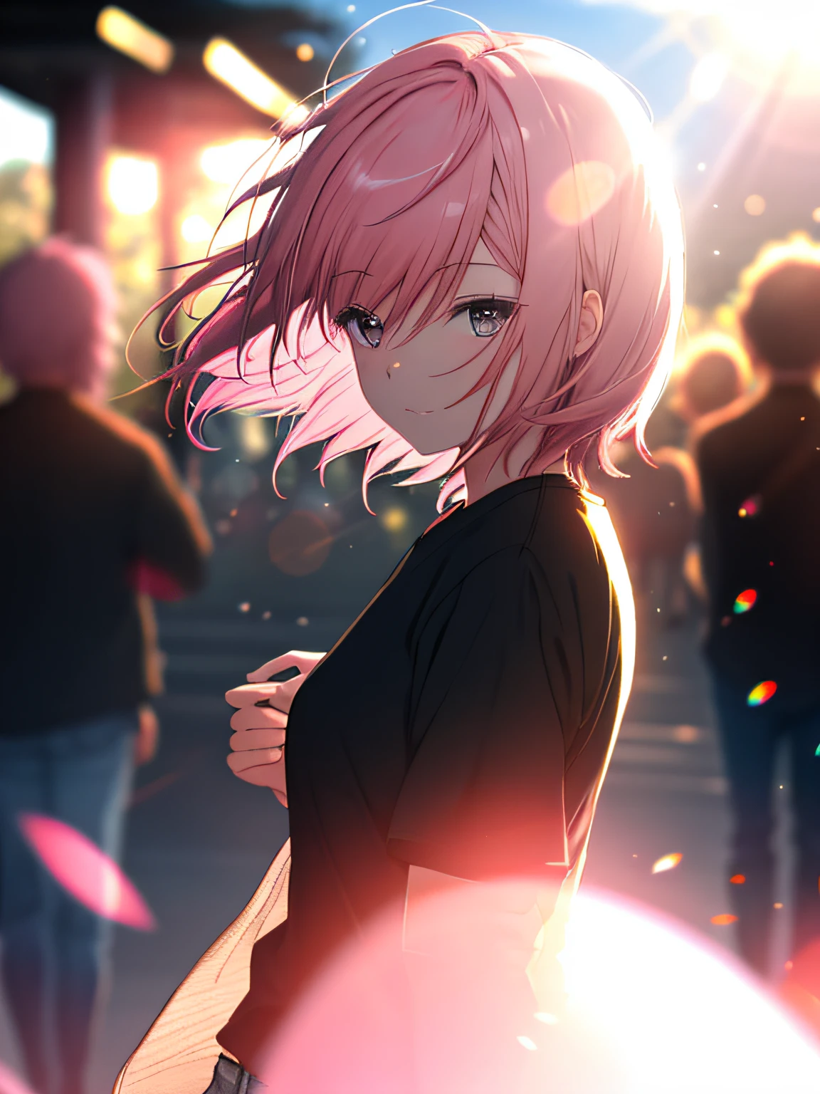 a girl, black shirt, jeans, sun glare, bokeh, depth of field, blurry background, light particles, strong wind, pink hair, short pink hair
