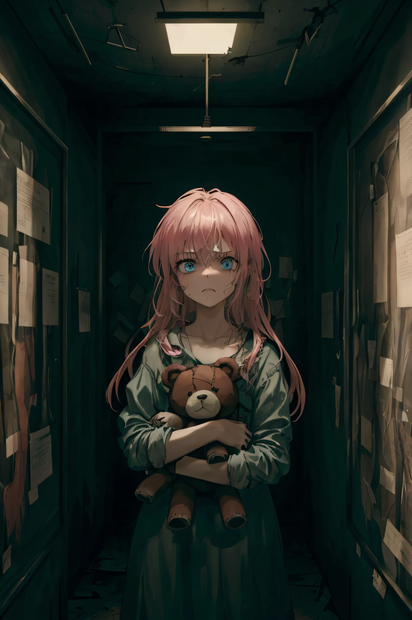1girl, pink hair, blue eyes, (cowboy_shot:1.2), face focus, long hair, sidelocks, scared,(terrified:1.1) expression, holding teddy bear, atmospheric lighting, moody, darkness, in an old abandoned museum, transparent glass display cases filled with interesting objects, dusty, post-apocalypse, cobwebs, superb, beautiful 8k wallpaper, extremely detailed, intricate
