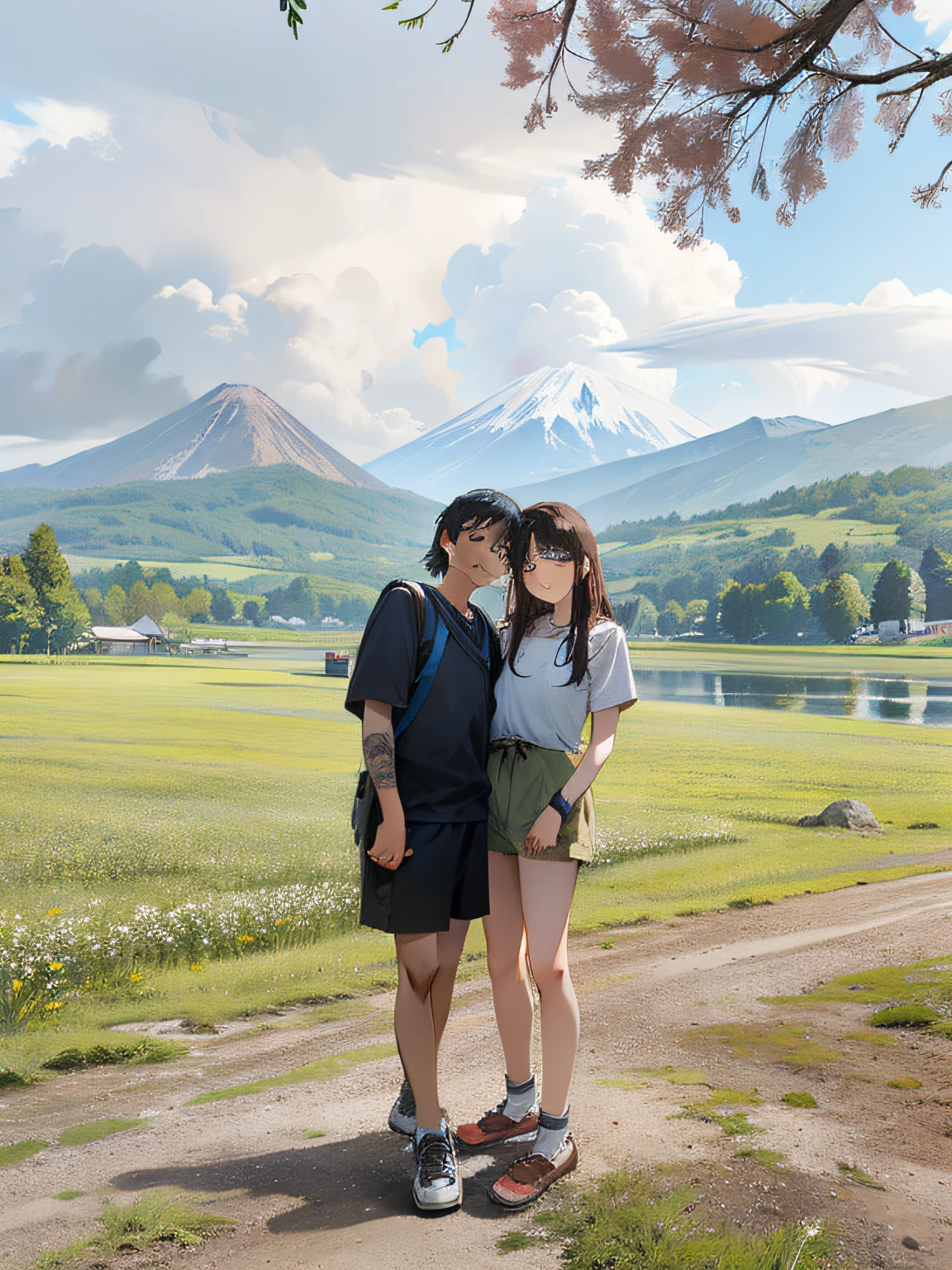 there are two people standing together in a field by a lake, with mountains in the background, with a volcano in the background, with mountains in background, moutain in background, with mountains as background, mountain in the background, mountains in the background, hills in the background, park in background, island in the background, in volcano, paradise in the background