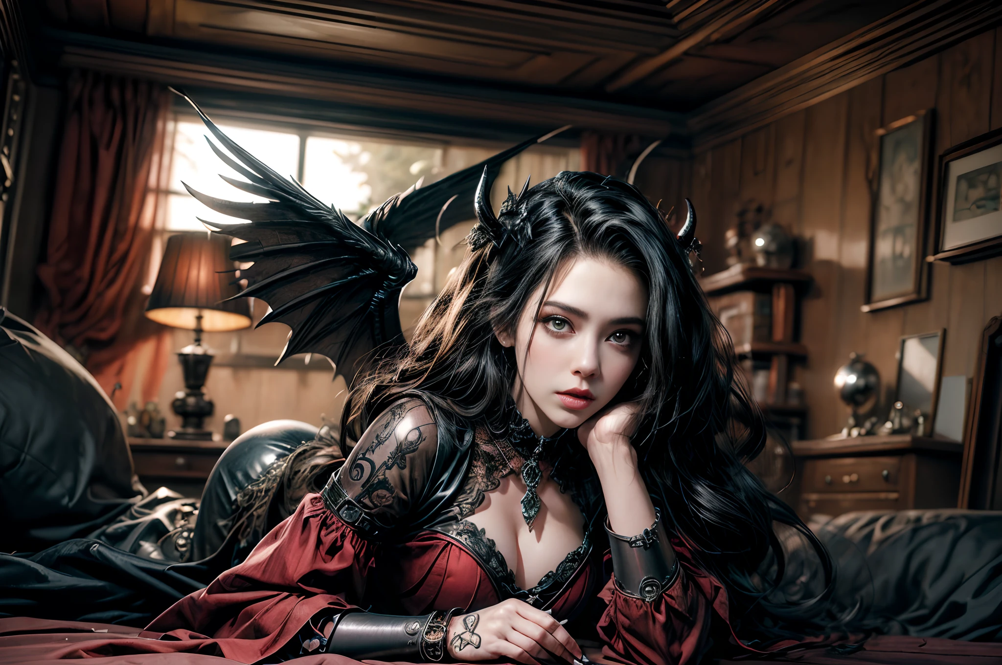 (ultra high resolution, ultra detailed, photorealistic:1.37), steampunk succubus, detailed wings, devil tail, corset, bedroom scene, beautiful face
