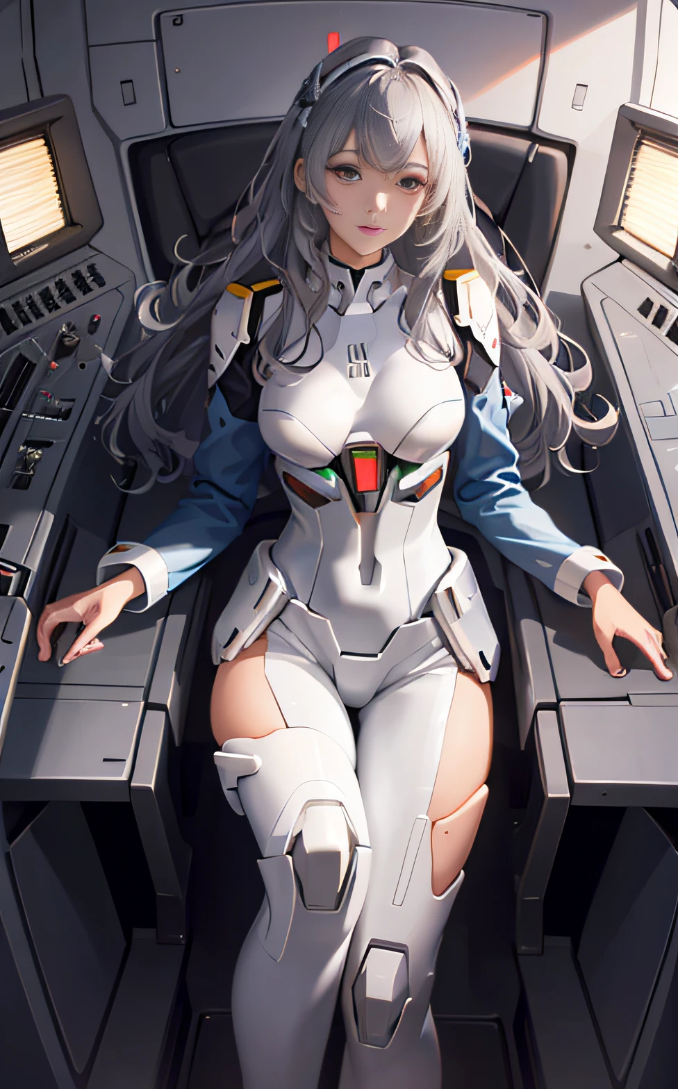 (((only one person))), (((only one face))), inside the cockpit, precision equipment, Very beautiful face, detailed face, very beautiful eyes, detailed eyes, a beautiful woman in a Gundam pilot suit sitting in the cockpit, movie scene, 8K quality, (((whole body))), (masterpiece), realistic, young and cute one anime woman, beautiful face, sunshine, cinematic light, one beautiful woman, beautiful dark eyes, milk beige medium hair , perfect anatomy, so cute, princess eyes, (black eyes), intermediate image, style, bioluminescence, life-size 8 sizes, 8k resolution, human hand, strange perfection, elegant, near-perfect, dynamic, Highly detailed character sheets, concept art, smooth placement, stunningly beautiful 20s girls, detailed hairstyles, (((Determination-filled dignified eyes))), (((A lot of instruments emitting a faint light in front of the girl)))