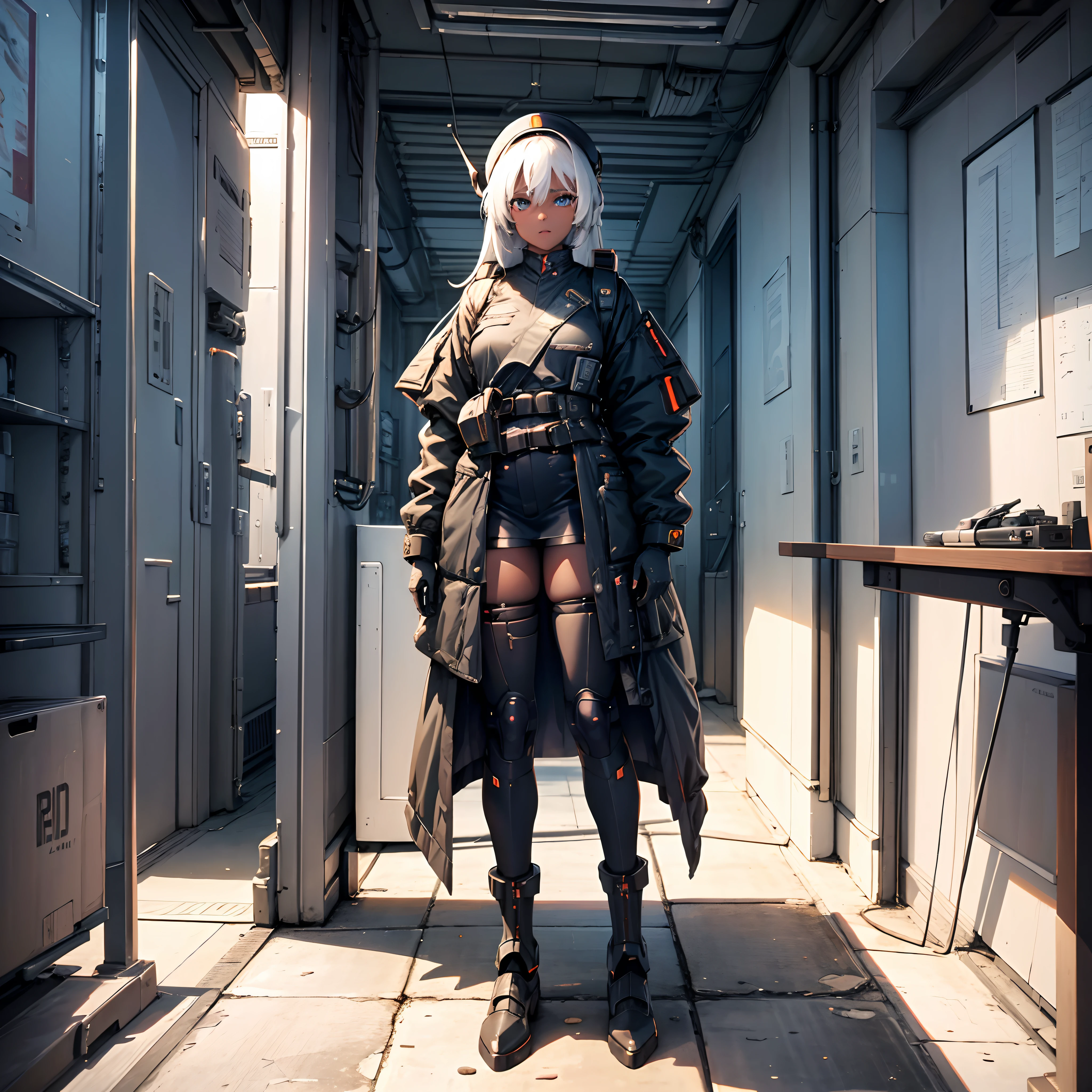 a dark brown skin anime girl with white hair wearing dark orange full retro military uniform also wearing military hat, cool tomboy, inside a bar at night, badass anime 8 k, female dark sci fi anime girl, digital sci fi anime art, sci fi anime girl, anime sci fi art, anime girl mech, modern sci fi anime, cyberpunk anime art, digital sci fi - anime art, anime sci fi, cyberpunk angry gorgeous goddess, portrait, sci fi, insidebar, cyberpunk, absurdres, high res, ultrasharp, 8K, masterpiece, looking at viewer,HDR, sci-fi, professional, sharp focus, very dim lighting, bokeh, best quality,(ultra-detailed),hyper details,(delicate detailed), (intricate details), (cinematic light,best quality Backlights), clear line, ,perfect body