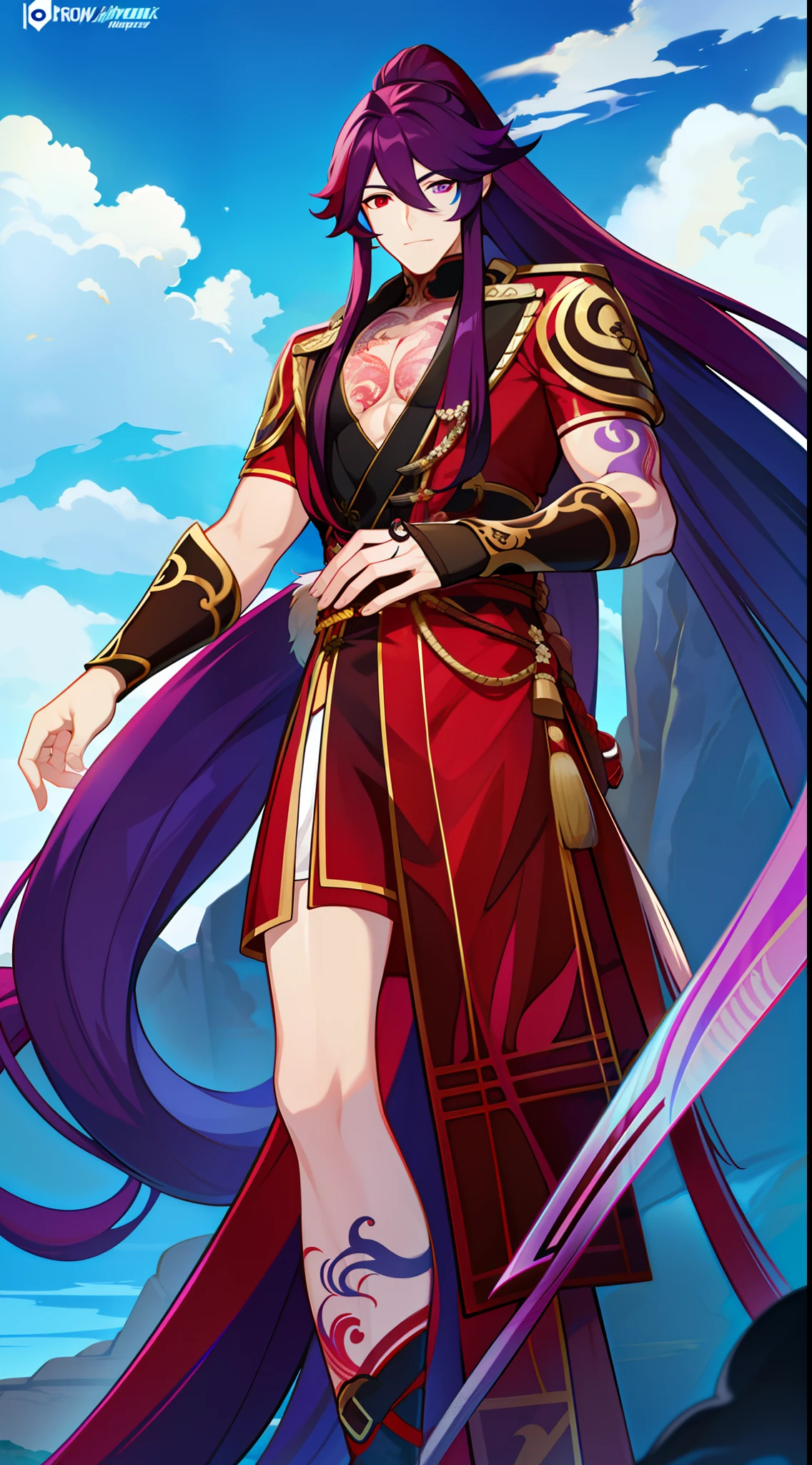 Grown-up guy, long purple hair, Part of the hair is gathered in a high ponytail, Heterochromia, The left eye is purple, Red right eye, The Monkey King's Armor, open torso, lots of tattoos, clouds beneath your feet, Masterpiece, hiquality, 4k, HD, Good detail