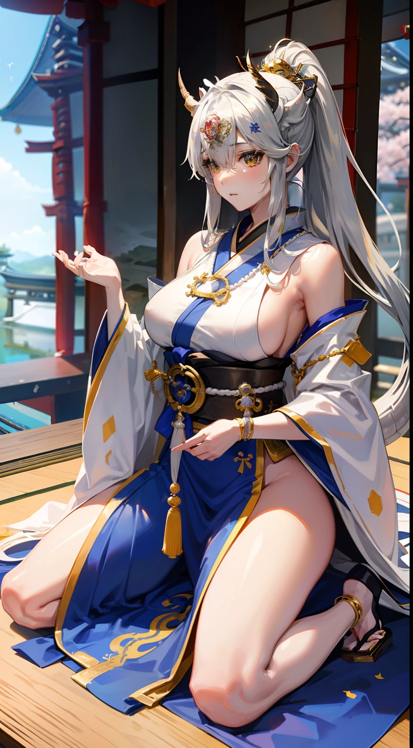 ((8K))、((32K))、((​masterpiece))、((top-quality))、((超A high resolution))、((Stylistic image of a Japan priestess dressed as a silver dragon))、((Japan details))、((Highly detailed priestess costume))、((highly intricate detail))、detailed skin textures、Detailed Cloth Texture、beautifull detailed face、detailed skin textures、intricate-detail、ultra-detailliert、Details of complex ornaments、CGSetsoty Trends、Meticulous Delicate Skin、独奏、((Silver Dragon Horns:1.3))、(silber hair)、(Long ponytail)、beutiful breast、New Year’s Day、Soak up the morning sun、Precincts of the shrine、is standing、((Japan Priestess Wind:1.5))、(Detailed traditional costumes)、Full Body Majestic Silver Dragon、anime fantasy artwork、front-facing view、defined legs、Defined Arm、Finger Defined