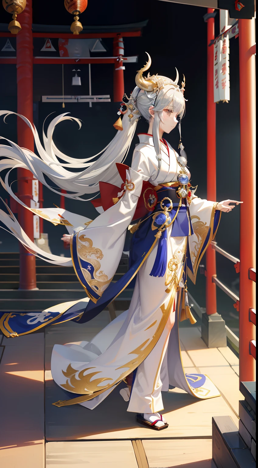 ((8K))、((32K))、((​masterpiece))、((top-quality))、((超A high resolution))、((Stylistic image of a Japan priestess dressed as a silver dragon))、((Japan details))、((Highly detailed priestess costume))、((highly intricate detail))、detailed skin textures、Detailed Cloth Texture、beautifull detailed face、detailed skin textures、intricate-detail、ultra-detailliert、Details of complex ornaments、CGSetsoty Trends、Meticulous Delicate Skin、独奏、((Silver Dragon Horns:1.3))、(silber hair)、(Long ponytail)、beutiful breast、New Year’s Day、Soak up the morning sun、Precincts of the shrine、is standing、((Japan Priestess Wind:1.5))、(Detailed traditional costumes)、Full Body Majestic Silver Dragon、anime fantasy artwork、front-facing view、defined legs、Defined Arm、Finger Defined