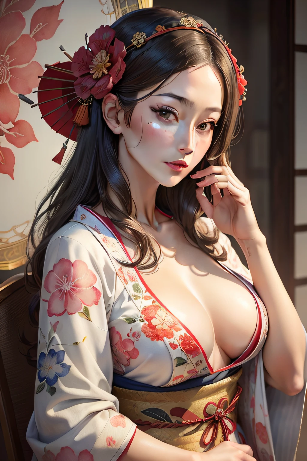 (masterpiece:1.2, best quality), (very detailed face, real picture, realistic skin, realistic body, intricate details), solo, 1milf, casual,ukiyo-e, (Watercolor:1.3), Oiran,