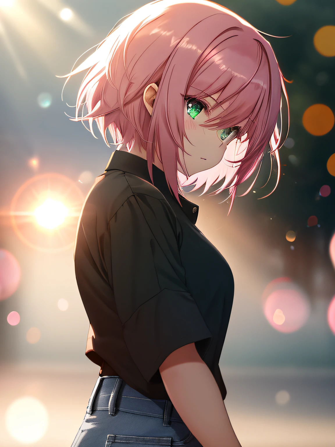 a girl, black shirt, jeans, sun glare, bokeh, depth of field, blurry background, light particles, strong wind, pink hair, short pink hair green eyes, buff