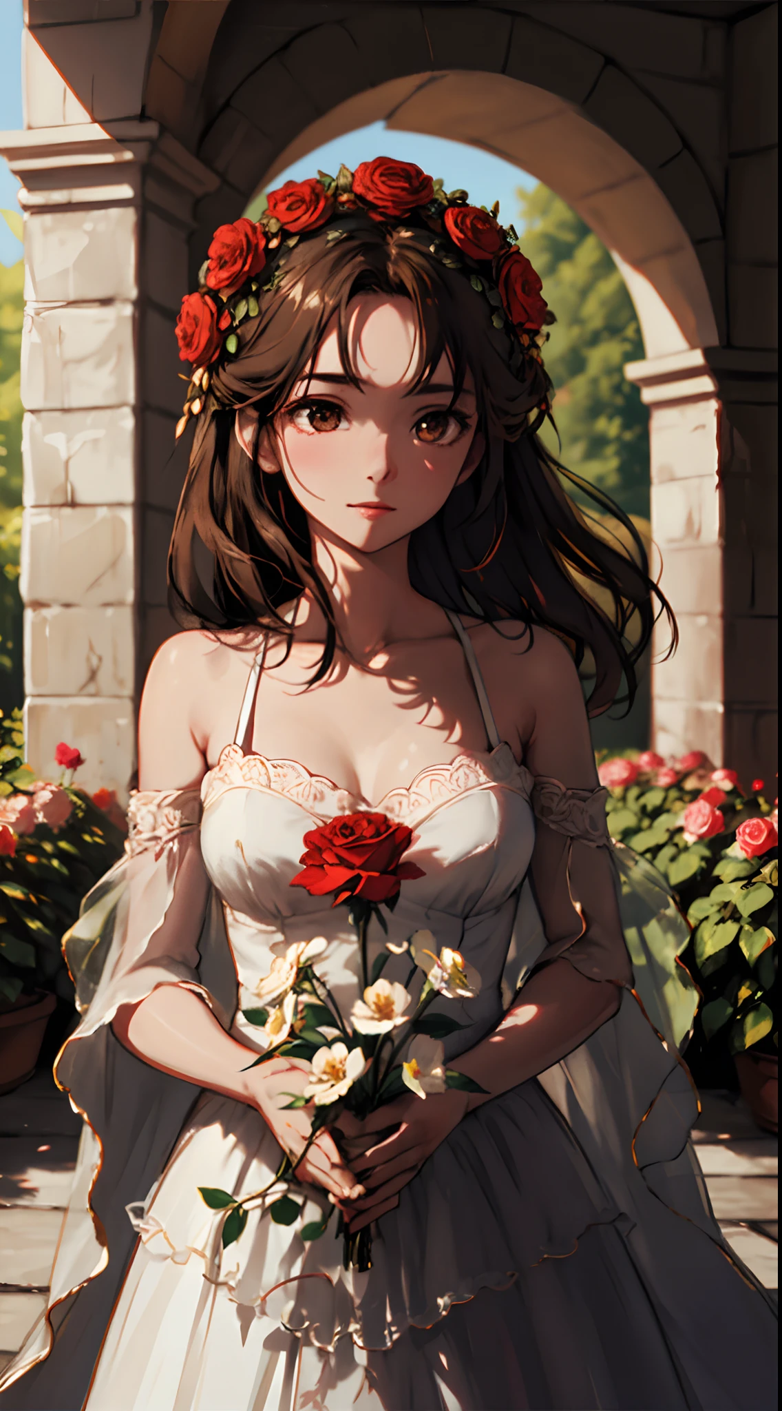 1 girl, upper body, single focus, radiant beauty, flowing rose-themed gown, petal-like hair, (rose garden: 1.4), (blooming flowers: 1.3), rosy cheeks, enchanting aura, [depth of field, ambient lighting, floral foreground, garden of blossoms background], blooming roses, fragrant air, swirling petals, (flower-filled meadow), (archway: 1.2), intricate floral details, enhanced lighting.