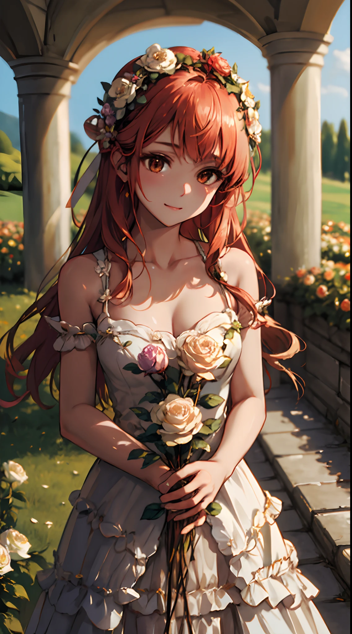 1 girl, upper body, single focus, radiant beauty, flowing rose-themed gown, petal-like hair, (rose garden: 1.4), (blooming flowers: 1.3), rosy cheeks, enchanting aura, [depth of field, ambient lighting, floral foreground, garden of blossoms background], blooming roses, fragrant air, swirling petals, (flower-filled meadow), (archway: 1.2), intricate floral details, enhanced lighting.