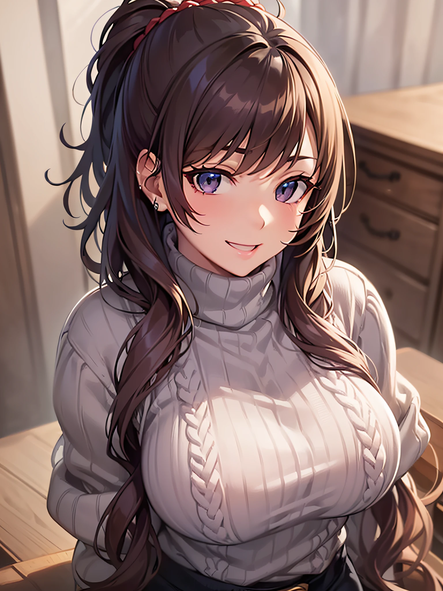 Anime girl with long hair and a white blouse sitting at a table - SeaArt AI