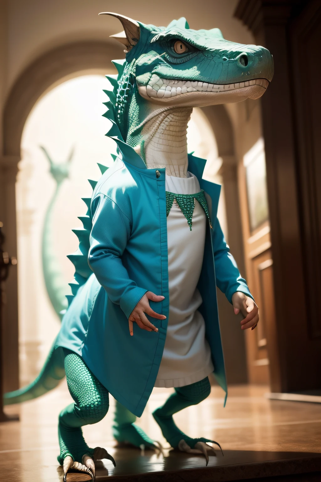 crea a un ser reptiliano vestido con ropa humana