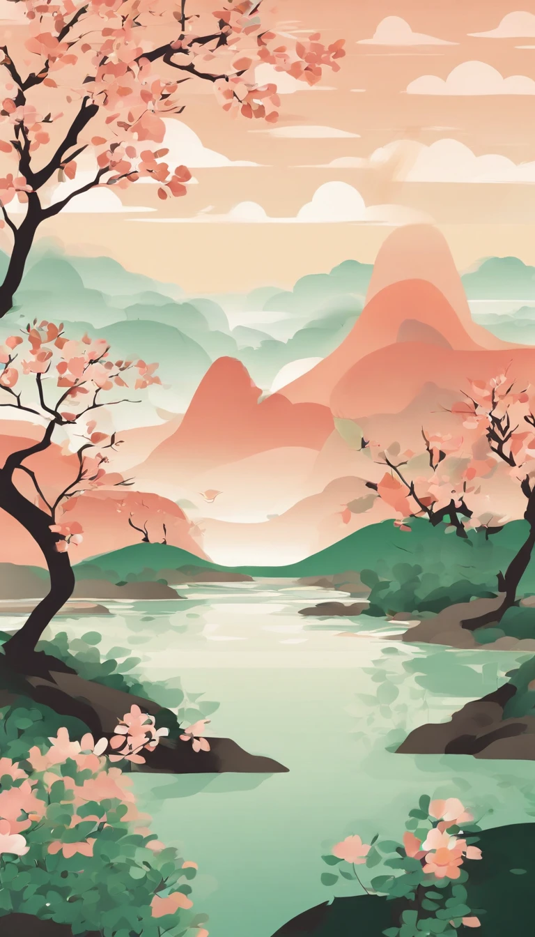 (Chinese landscape), abstract painting, (Zen, Amy Sol style), (spring, green tree, peach blossom, stream, Chinese style architecture), cover art with light abstraction, simple vector art, contemporary Chinese art, color gradients, soft color palettes, layered forms, whimsical animation, style Ethereal abstract, 4K, --v6