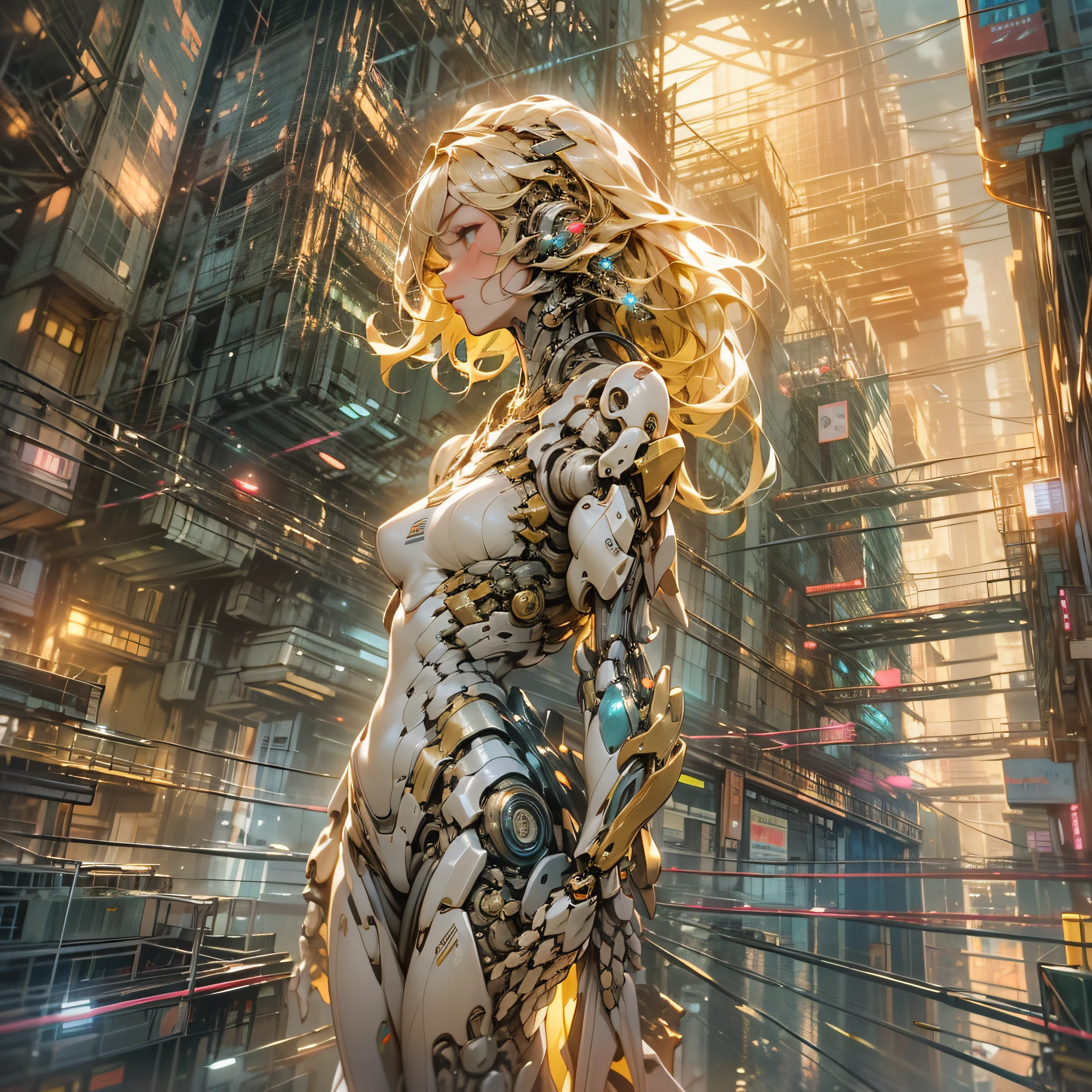 Psychedelic cityscape,evening glow,Lots of high-rise buildings,Mechanized blonde girl,Mechanized cityscape,The head is human,Half body machine,Left arm fully mechanical,The right arm is a human,sulking,full body,from below,Masterpiece, high definition, perfect composition, perfect face, perfect body, golden ratio, 8K,