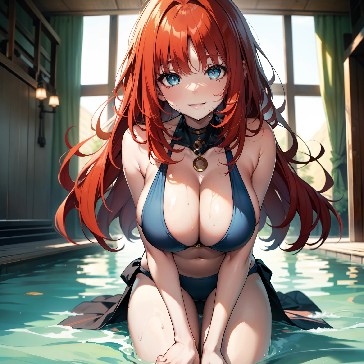 (masterpiece), best quality, expressive eyes, perfect face, one Girl, long red hair, blue pupils, big breasts, cleavage, slender thighs (smooth skin), swimsuit, hot summer, Leaking breasts，With a smile,