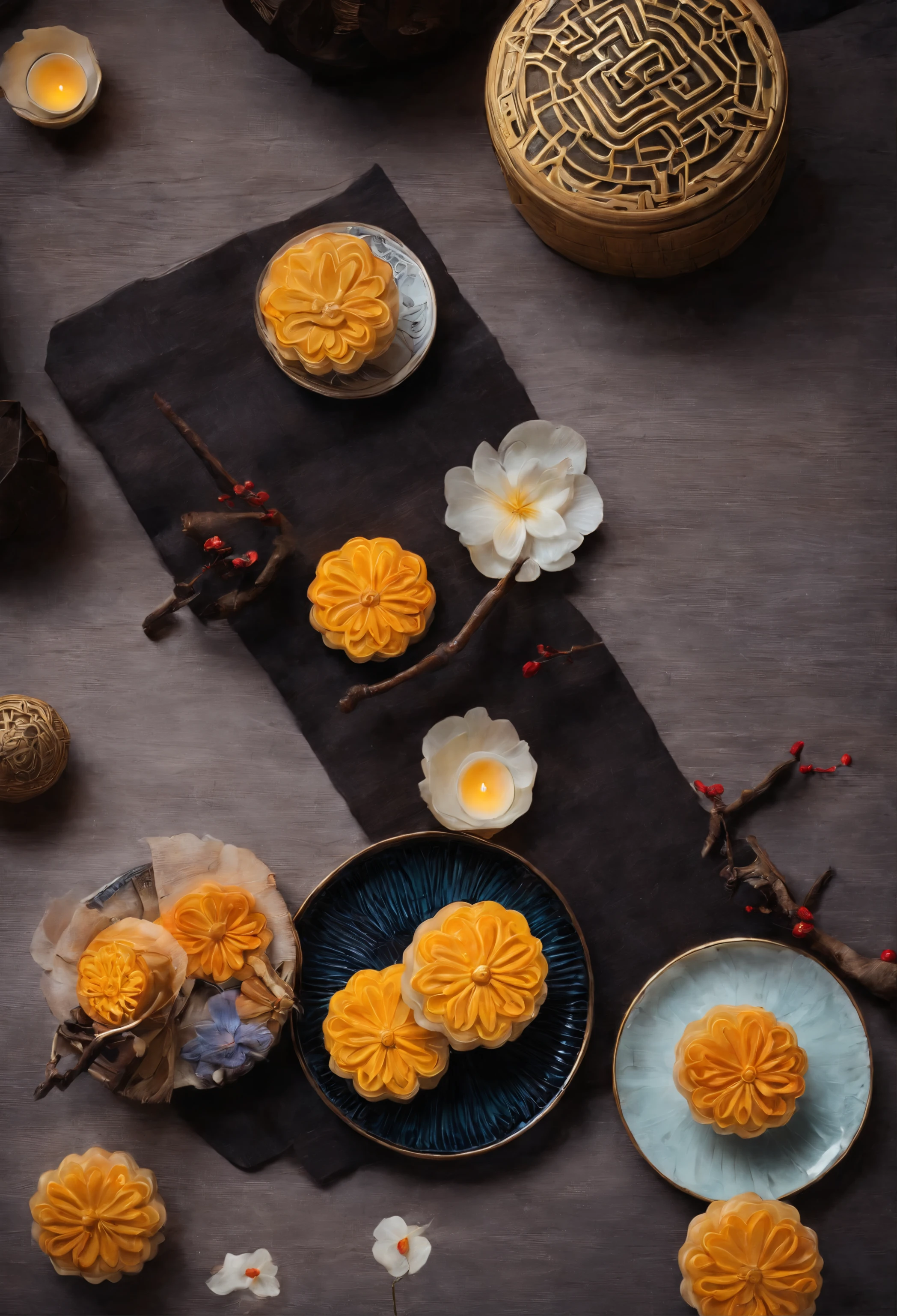 clew：Welcome to the Mid-Autumn Festival，Let's listen to the quiet night，Feel the atmosphere。Mooncakes are laid out on exquisite plates，Like a bright moon，Exudes an enticing aroma。Candlelight around lit up the room，Creates a warm and tranquil atmosphere，Bring people warm memories and good wishes。

camera settings：In order to capture the beauty of mooncakes and the unique atmosphere of the Mid-Autumn Festival，I would choose to use the Canon EOS 5D Mark IV DSLR，Pair it with a suitable macro lens，Such as the Canon EF 100mm f/2.8L Macro IS USM。Such a combination will allow me to capture the details of the mooncake，And add realism and texture to your photos。

Lighting and composition：In order to create a warm atmosphere，I will use soft lighting，For example, candles or soft lights。I would place mooncakes in a well-laid out scene，For example, on a wooden tabletop，to create a feeling of tradition and warmth。ao mesmo tempo，I will pay attention to the composition，Place the mooncakes in the right place，And use lines and contrasts to guide the viewer's gaze，Allows them to focus on the beauty of mooncakes。

Style and presentation：I would choose a muted color tone，to highlight the unique texture and color of mooncakes，At the same time, it enhances the warmth of the overall atmosphere。A close-up photo may be taken，Highlight the texture and detail of the mooncake，Or a photo of the overall scene，Showcase the atmosphere and celebrations of the entire Mid-Autumn Festival。

camera settings：In order to ensure the delicate and clear shooting results，I would set the camera's aperture at f/4 to f/Between 8，to ensure sufficient depth of field。The shutter speed will be set to a faster 1/60 seconds or faster，To avoid blurring when handheld photography。ISO will adjust at a lower level，Such as ISO 200 or ISO 400，to reduce noise and maintain the detail of the image。

artistic vision：In the post-processing process，I will focus on enhancing the color and texture of the mooncakes，Make it more compel