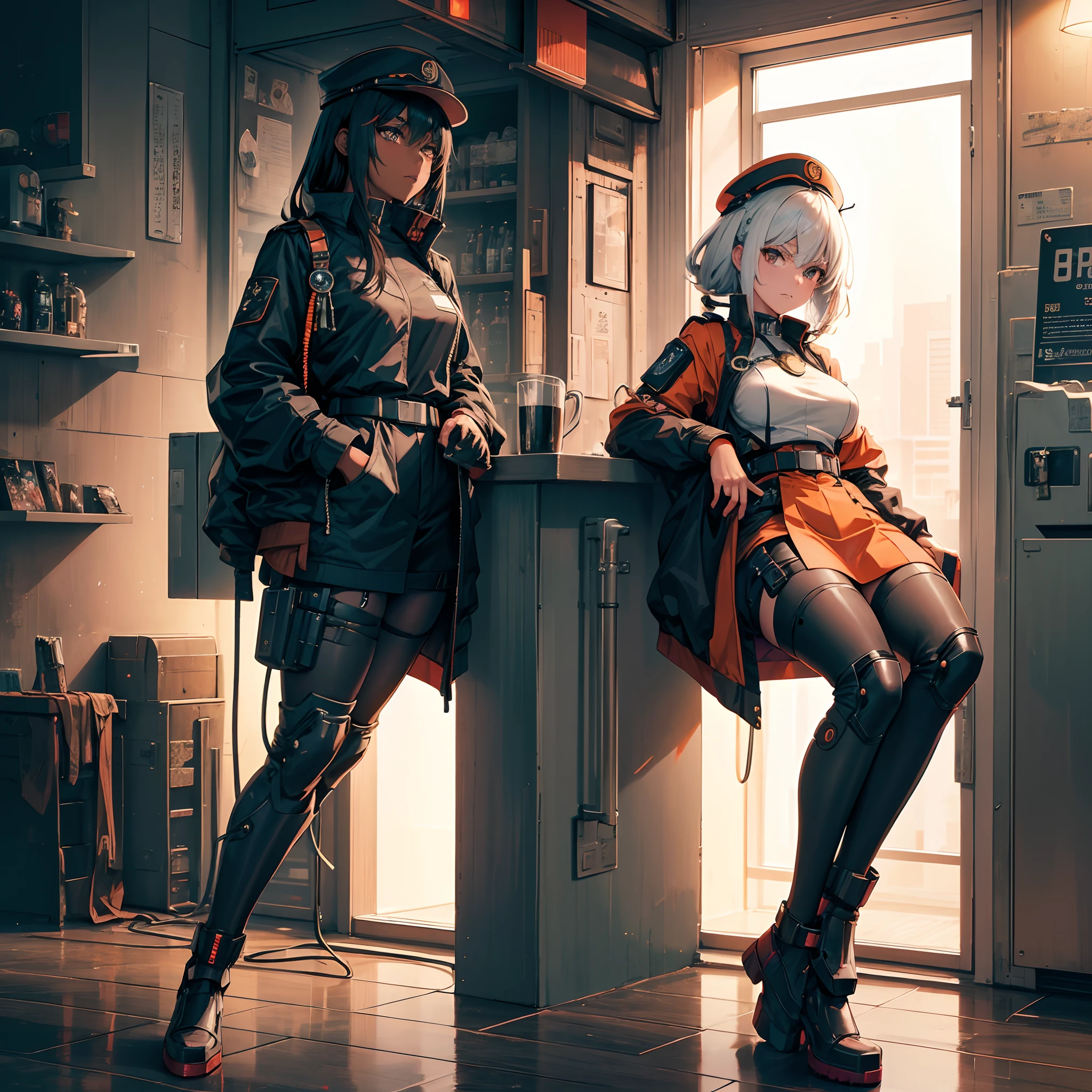 a dark brown skin anime girl with white hair wearing dark orange full retro military uniform also wearing military hat, cool tomboy, inside a bar at night, badass anime 8 k, female dark sci fi anime girl, digital sci fi anime art, sci fi anime girl, anime sci fi art, anime girl mech, modern sci fi anime, cyberpunk anime art, digital sci fi - anime art, anime sci fi, cyberpunk angry gorgeous goddess, portrait, sci fi, insidebar, cyberpunk, absurdres, high res, ultrasharp, 8K, masterpiece, looking at viewer,HDR, sci-fi, professional, sharp focus, very dim lighting, bokeh, best quality,(ultra-detailed),hyper details,(delicate detailed), (intricate details), (cinematic light,best quality Backlights), clear line, ,perfect body