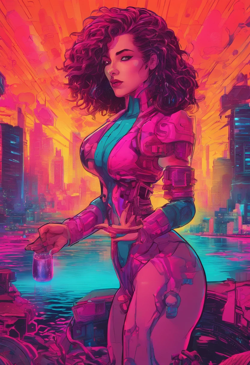 graphic design t-shirt, flat design, futuristic cyberpunk girl in mix of tones, topless,, sexy body, topless, flashing tits, big tits, metal skin, metal nipples, laser beams, purple emissive eyes, colorful tones, clean highly detailed, vector image, smoke explosion, simple background, flat white background, bright vector ((white background) )