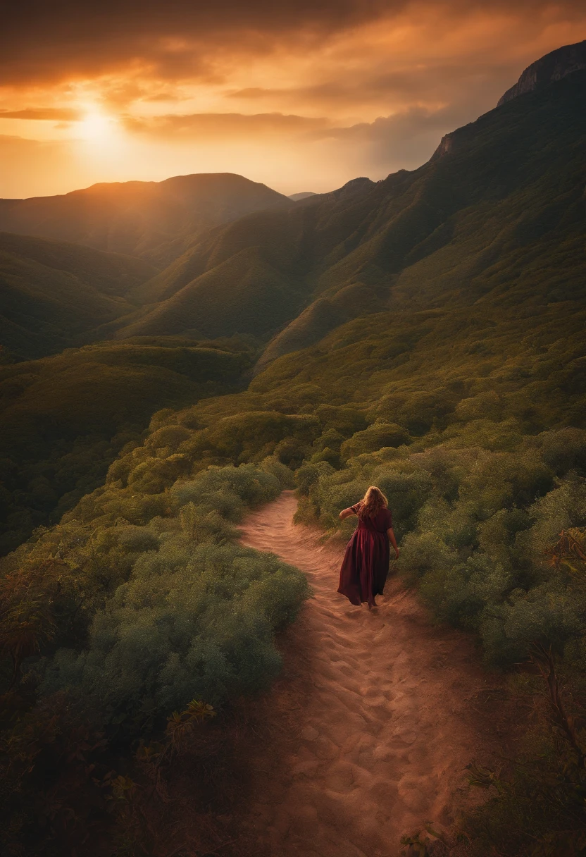 cena de aventura com exploradora feminina andando no topo de uma montanha, abaixo uma vale escuro, vista do abismo, espinhos, paredes pontudas, 8K resolution, Deep print illustration