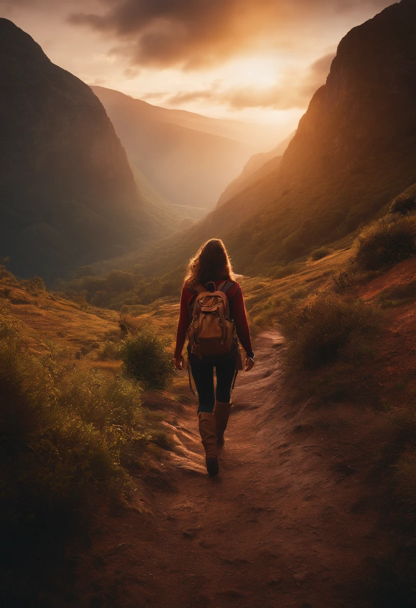 cena de aventura com exploradora feminina andando no topo de uma montanha, abaixo uma vale escuro, vista do abismo, espinhos, paredes pontudas, 8K resolution, Deep print illustration
