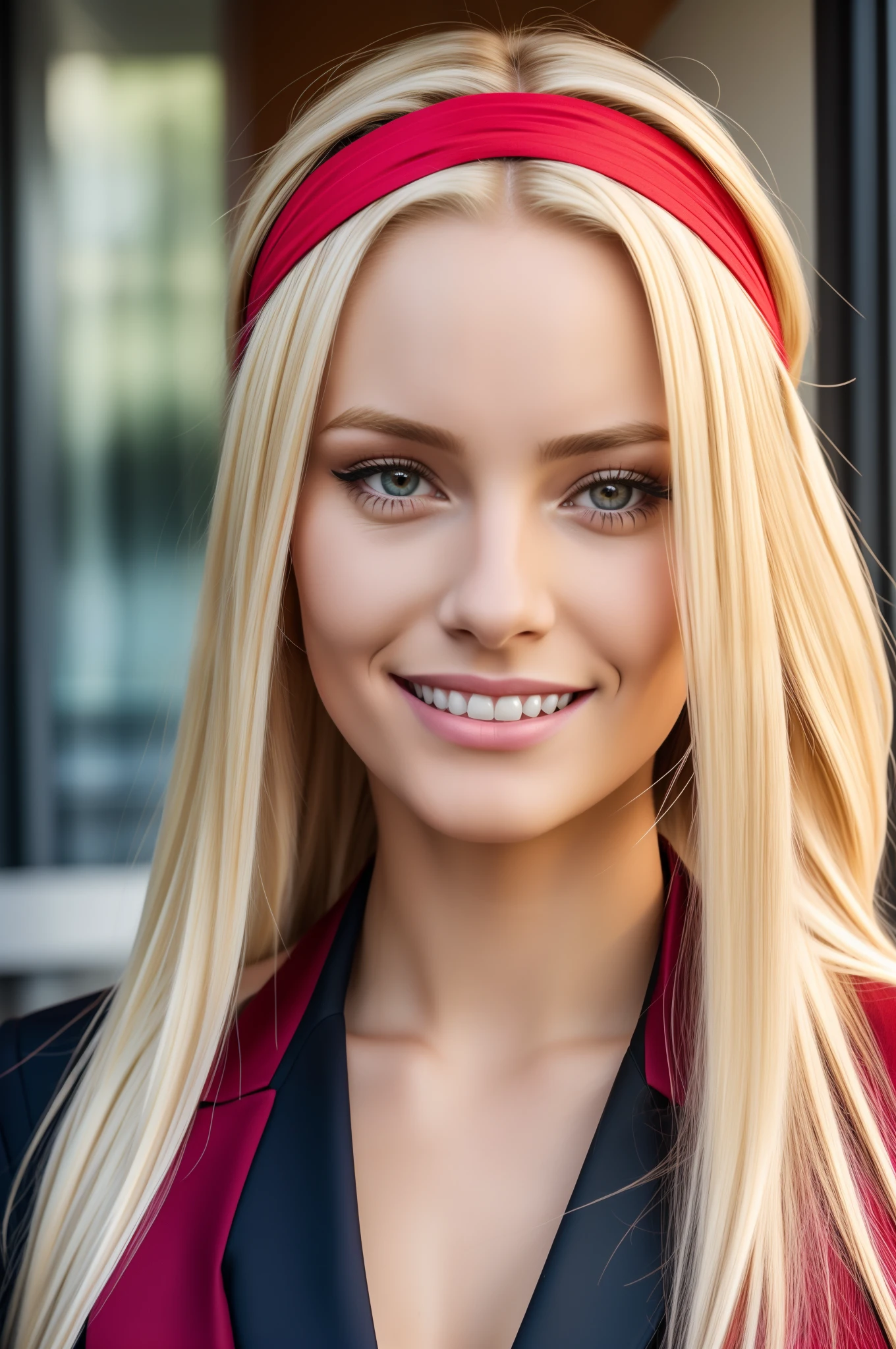 cute german girl, 24 years old, blonde hair, long hair, selfie, realistic, streaked hair, multicolored hair, undercut, red hairband, ,business dress, makeup, smile, shy, closed mouth, close-up, UHD, ccurate, anatomically correct, textured skin, highres, sun sprinkles, unclean skin, natural skin