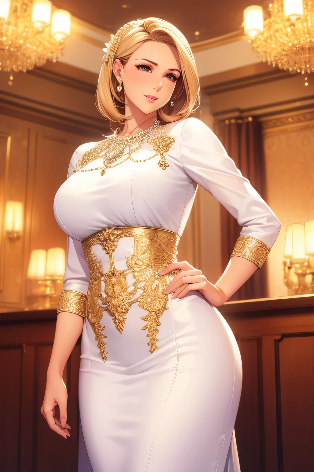 1 pretty girl，White evening dress，clothes details，The clothes have intricate gold lines，pearls necklace,white skinned，looking at viewert，Brown eyes，Realistis，are standing，ssmile，low chest，medium boob