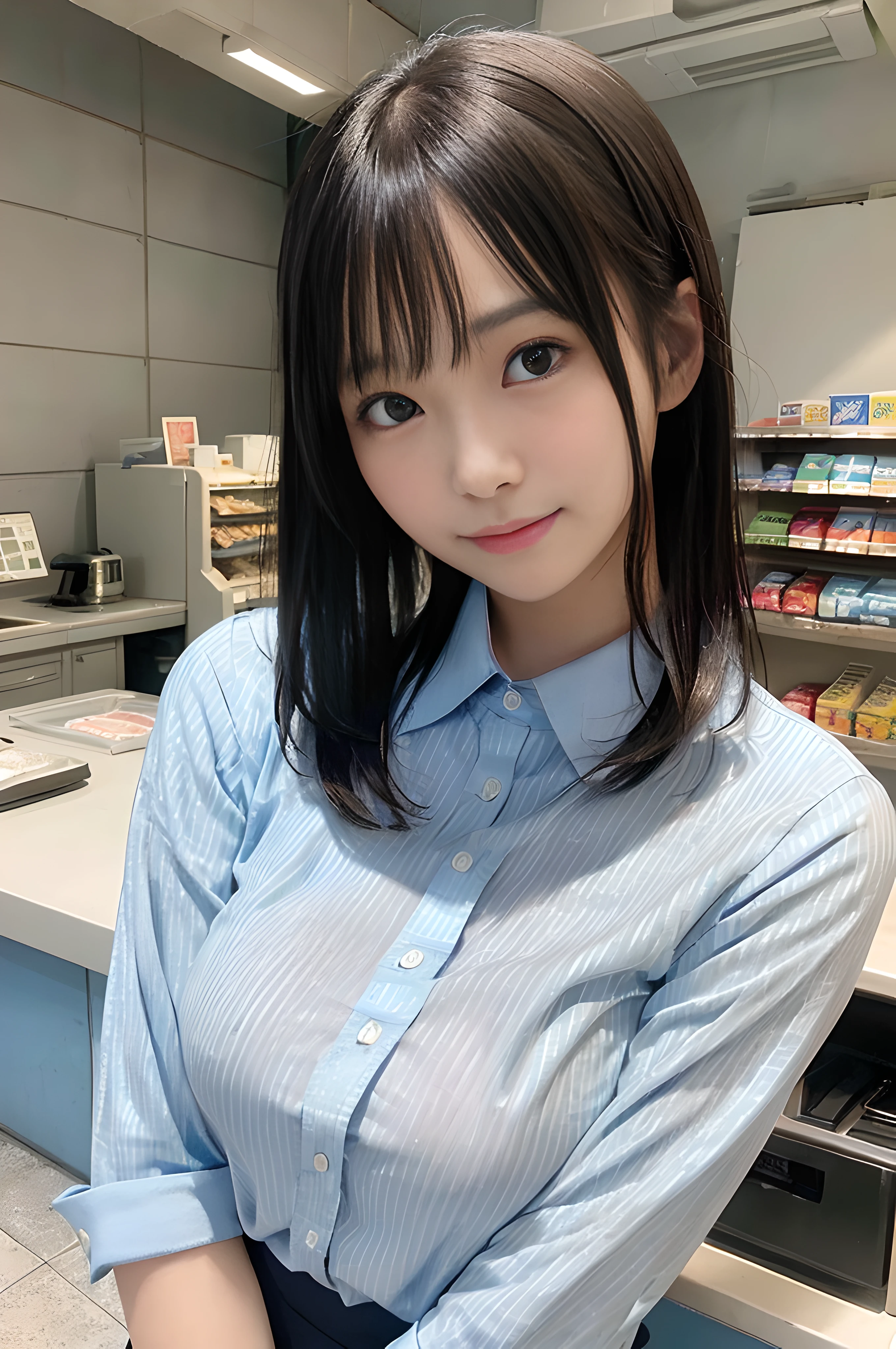masterpiece, best quality, photorealistic, raw photo, DSLR, 15-year-old beautiful Japanese girl, shiny fair skin, realistic beautiful no makeup face, realistic beautiful bright eyes, double eyelids, look at viewer, smiling, highest detailed shiny black short hair and bangs, disheveled hair, slim figure, slim face, slim waist, big breasts, ((convenience store clerk, light blue vertical striped collar shirt, work at cash register)), realistic lighting and shadows, depth of fields, highest delicate and beautiful photo, ultra high resolution, 8k UHD wallpaper,
