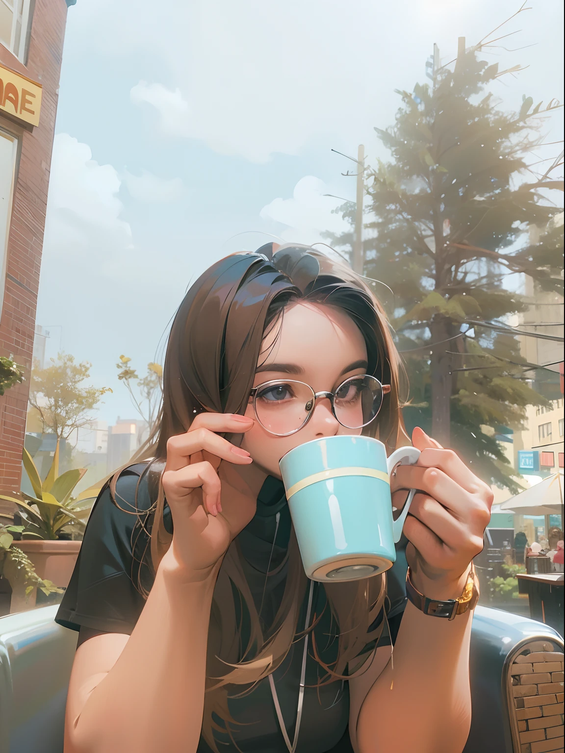 woman with glasses drinking from a cup in a patio setting, drinking a coffee, drinking coffee, drinking a cup of coffee, is ((drinking a cup of tea)), sitting in a cafe, drinking coffee at central perk, drinking tea, enjoying coffee at a coffee shop, with a white mug, next to a cup, shot on canon eos r 5