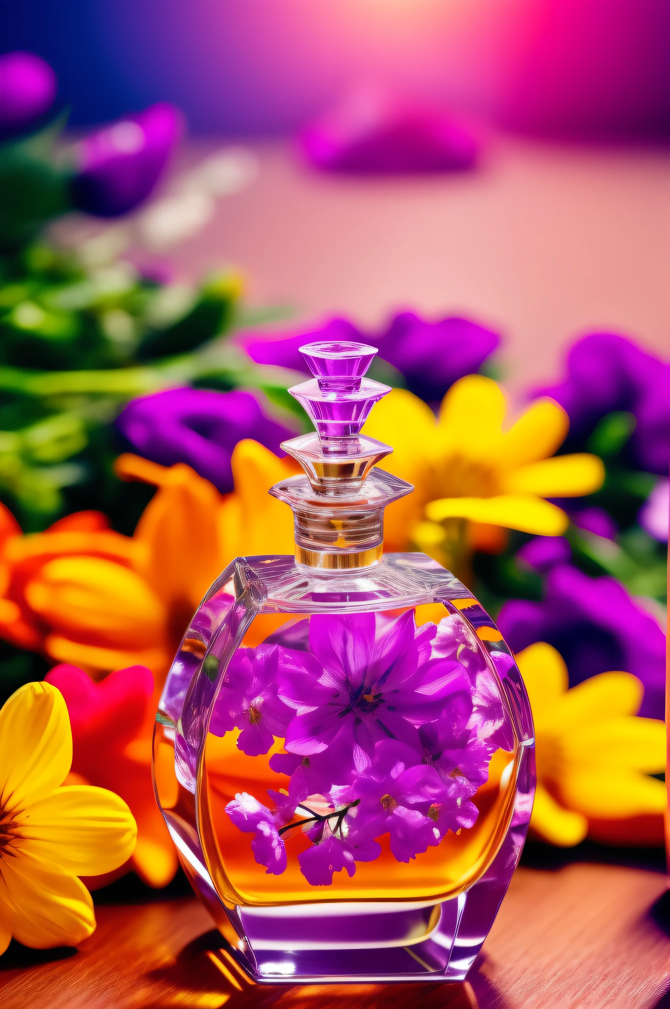 realistic perfume bottle surrounded with colorful flowers, colorful flowers surrounding a realistic perfume bottle, daylight, realistic lighting, 4k, high quality