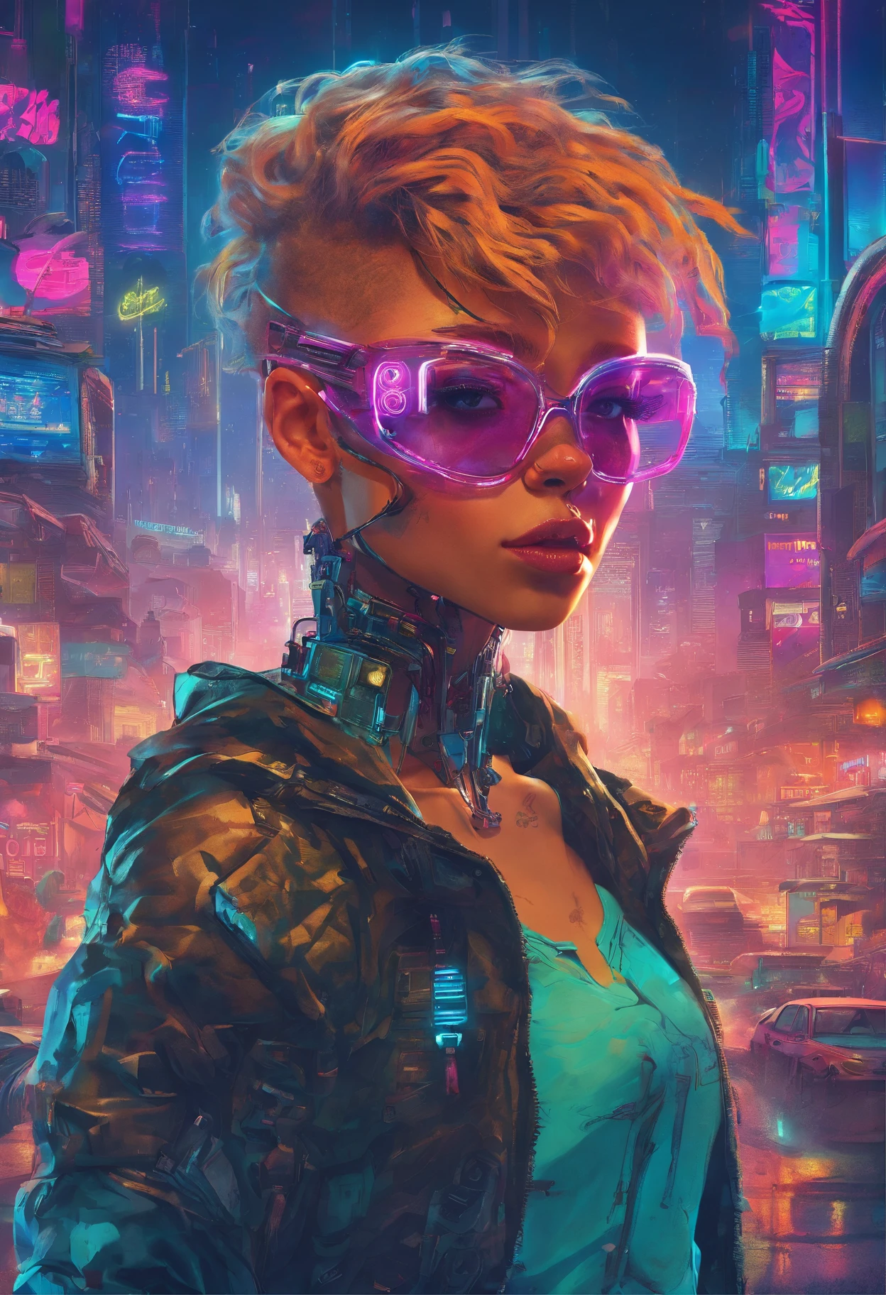 (highly detailed: 1.2), (canon EOS R6 best quality: 1.2), (8k: 1.0), (emb-rrf-low: 1.0), (lots of large black tattoos on cybernetic head open in the middle showing the inside, detailed face, hyper detailed eyes and wearing hi-tech sunglasses with holographic display 1.2), sharp focus (awarded photo: 1.2), (subsurface scatter: 1.2), (subsurface scatter: 1.2). 1.1) (a beautiful ultra-detailed cyborg: 1.2), ( hyper-detailed hair: 1.2), (wonderful body: 1.2), (full body: 1.2), (dynamic stance :1.2), neon glow, (detailed cybernetic eyes:1.1), close-up (hyperrealistic:1.2), rpg, CyberPunk 2077 style, dramatic lighting, (highly detailed futuristic cityscape:1.2), (sci-fi: 1.2). 1.2), professional portrait photography, by wlop greg rutkowski jeffrey simpson alphonse mucha