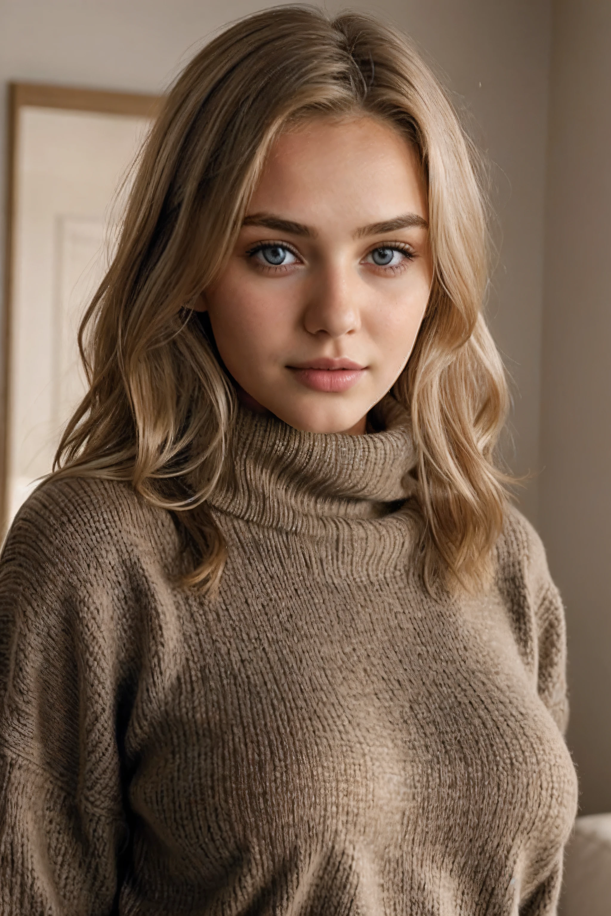 1Girl , nur, Lange Haare, big boobs, Blick auf den Betrachter, blondes Haar, nackte Schultern, braune Augen, Schmuck, full entire body, Halskette, schulterfrei, Pullover, Lippen, realistisch, Nase, Flirten mit der Kamera