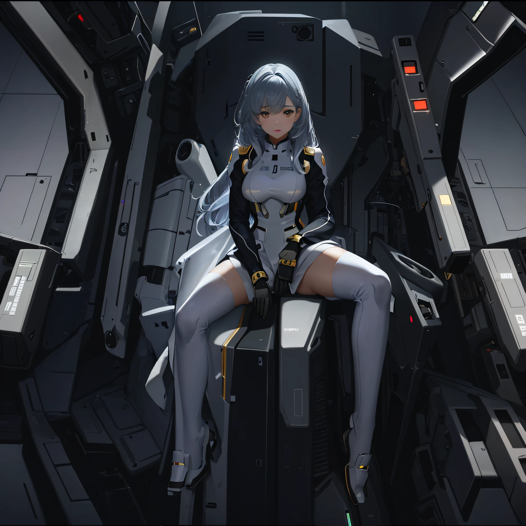 (((only one person))), (((only one face))), inside the cockpit, precision equipment, a beautiful woman in a Gundam pilot suit sitting in the cockpit, movie scene, 8K quality, (((whole body))), (masterpiece), realistic, young and cute one anime woman, beautiful face, sunshine, cinematic light, one beautiful woman, beautiful dark eyes, milk beige medium hair , perfect anatomy, so cute, princess eyes, (black eyes), intermediate image, style, bioluminescence, life-size 8 sizes, 8k resolution, human hand, strange perfection, elegant, near-perfect, dynamic, Highly detailed character sheets, concept art, smooth placement, stunningly beautiful 20s girls, detailed hairstyles, (((Determination-filled dignified eyes))), (((A lot of instruments emitting a faint light in front of the girl)))