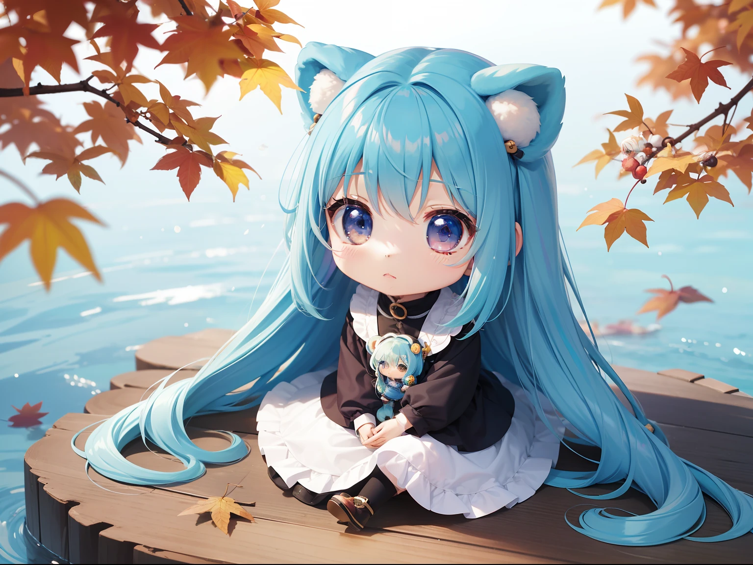 Chibichara long hair with blue hair((Chibi Chara))、Fluffy、girl with、Chibi Chara、full body Esbian、Pastel colors hair、masutepiece、top-quality、Background of autumn leaves、There are also cute bears。