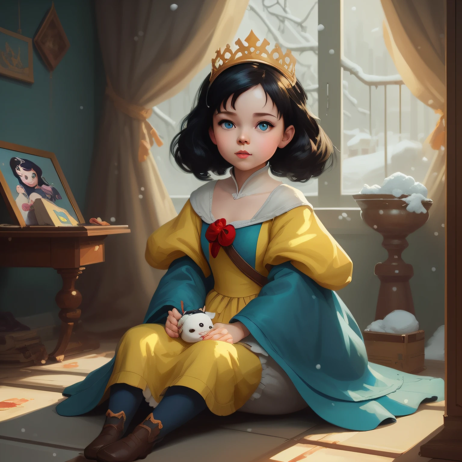 a close up of a cartoon character sitting on a floor, artwork in the style of guweiz, portrait of snow white, adorable digital painting, childrens art in artstation, artgerm and atey ghailan, princess portrait, inspired by WLOP, loish and wlop, beautiful character painting, cute detailed digital art, snow white