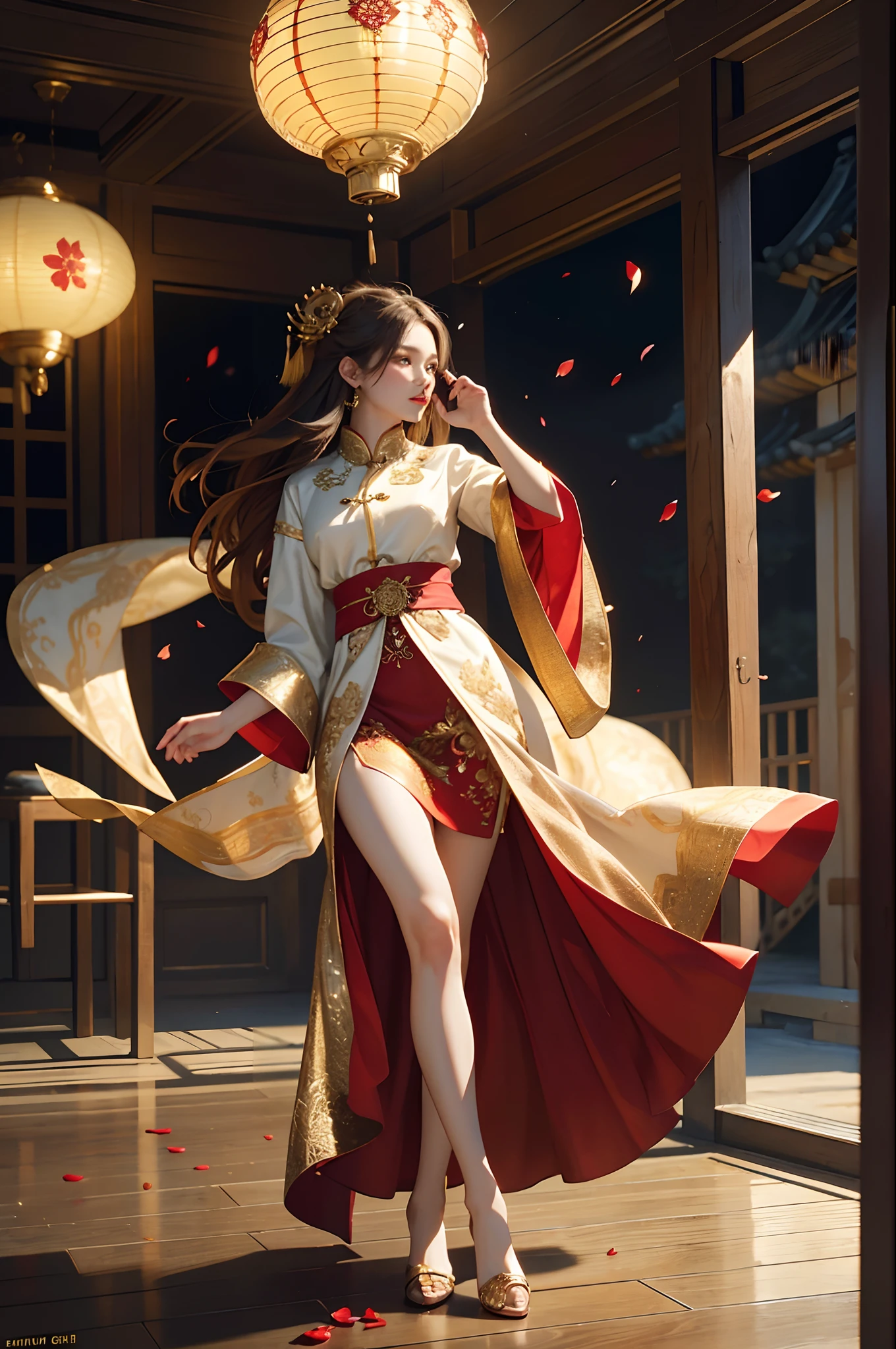 best quality, masterpiece, highres, (exquisite body:1.5),gorgeous face,(milky skin:1.3),intricate details,high resolution,wallpaper,
1girl, solo, dress, hair ornament, (((gold and red dress))), flowers, long hair, brown hair, closed mouth, jewelry, long sleeves, hand up, wide sleeves, big eyes,floating hair, chinese clothes, hanfu, embroidery, long skirt, natural pose, falling petals, indoor,fanning, lantern,
16K,HDR,highres,depth field,(film grain:1.1),boken,golden hour,(lens flare),vignette,rainbowing,(color grading:1.5)