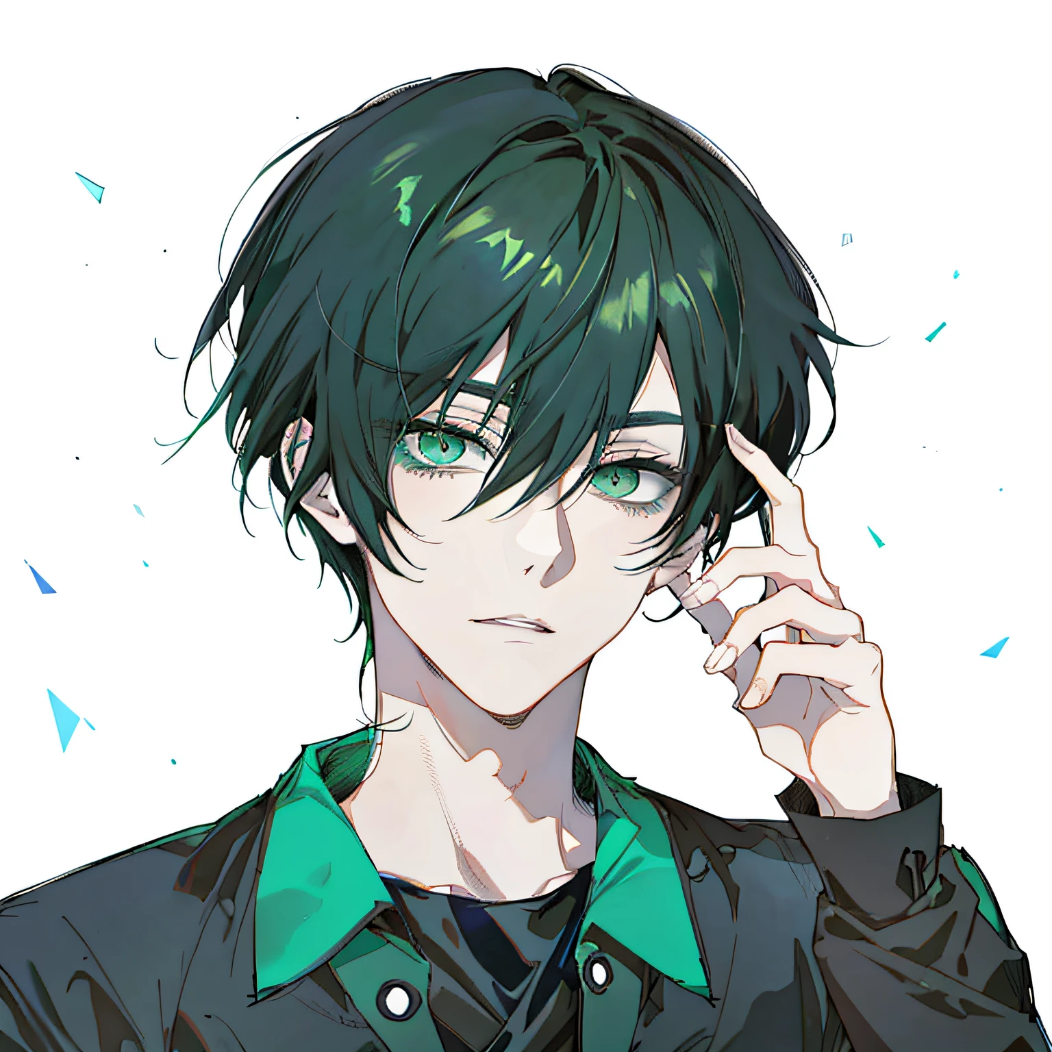 Anime boy with green eyes and black hair, young anime man, 2 d anime style, Tall anime guy with blue eyes, Anime boy, anime moe art style, with index finger, Male anime style, Anime handsome man, Handsome anime pose, Anime portrait of a handsome man, male anime character, kentaro miura art style