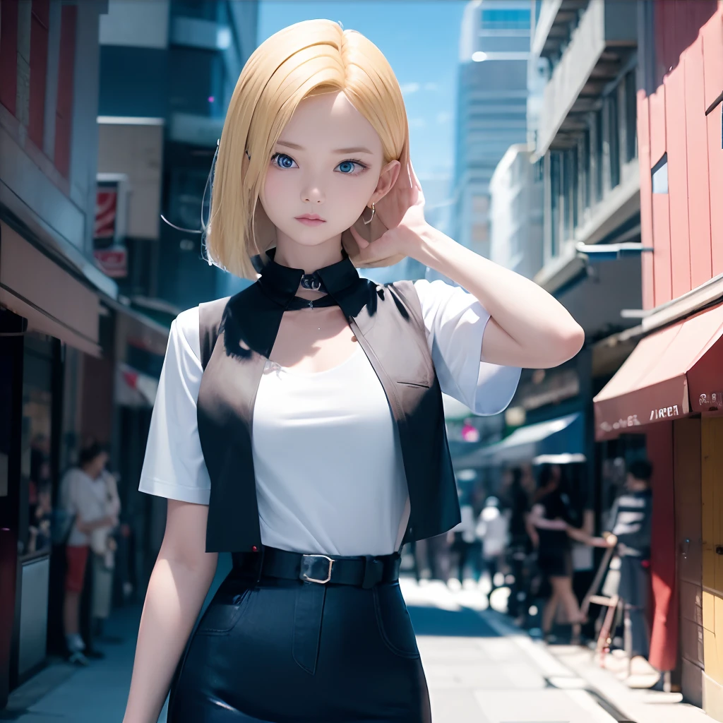 Woman in blue clothes holding lightning, concept-art:Akira Toriyama, Trends of the CG Association, Art Today, Official art, Screenshots of PlayStation 5, 1. Super Detail Woman、Android 18、独奏、blonde hair、((Blue eyes))、short-hair、耳Nipple Ring、jewely、Denim Vest、open vest、Black pantyhose、White shirt、Denim skirt、 Short sleeves with black stripes,,,,,, a blue skirt, middlebreasts, Cowboy Shots, Street,((Futuristic city background street))、8K、Ulutra HD、Sharp lines、top-quality、hight resolution、