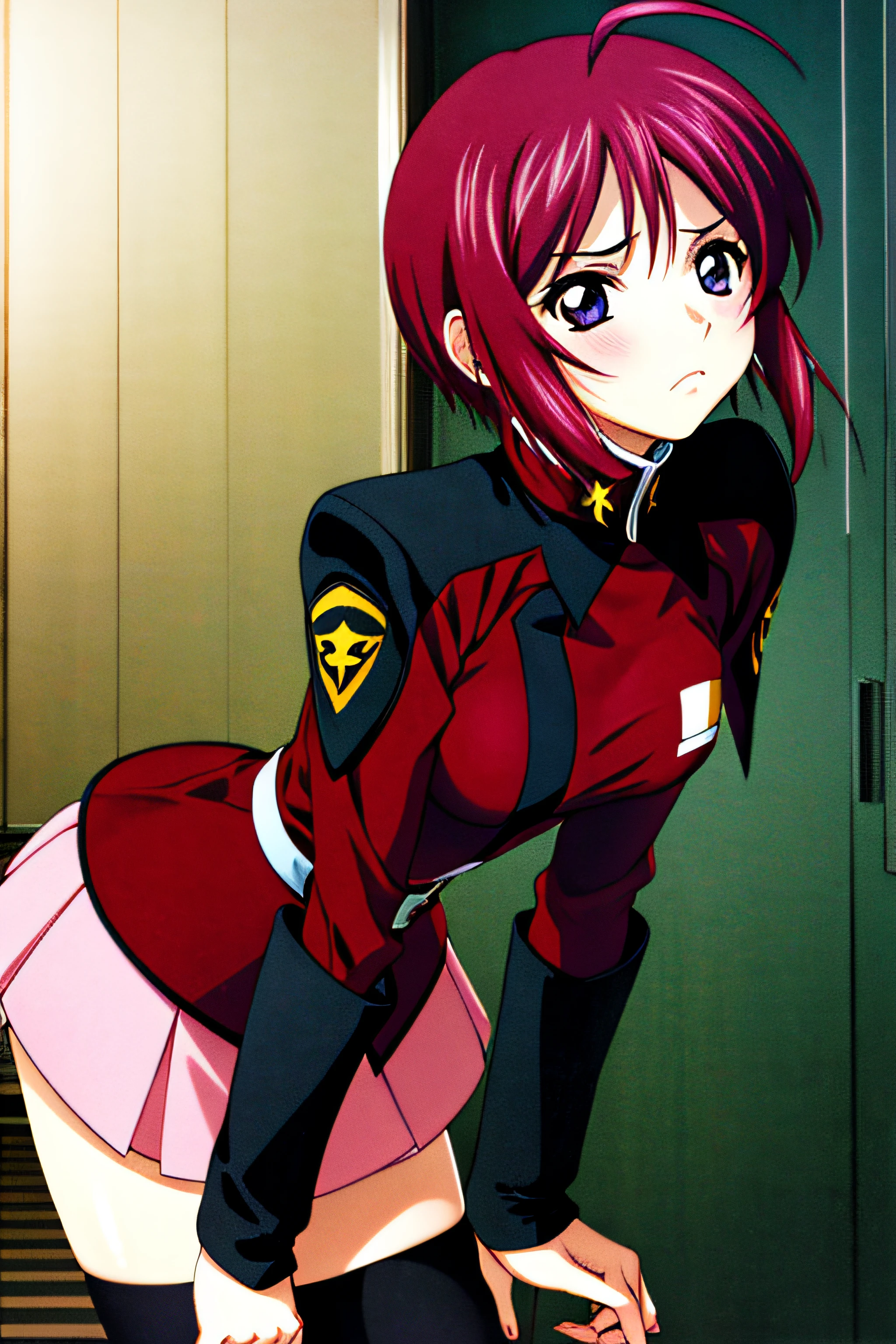 masterpiece, best quality, highres, 1girl, solo, pink skirt, military uniform, short hair, ahoge, black thighhighs, red hair, purple eyes, purple hair, long sleeves, frown, leaning forward,