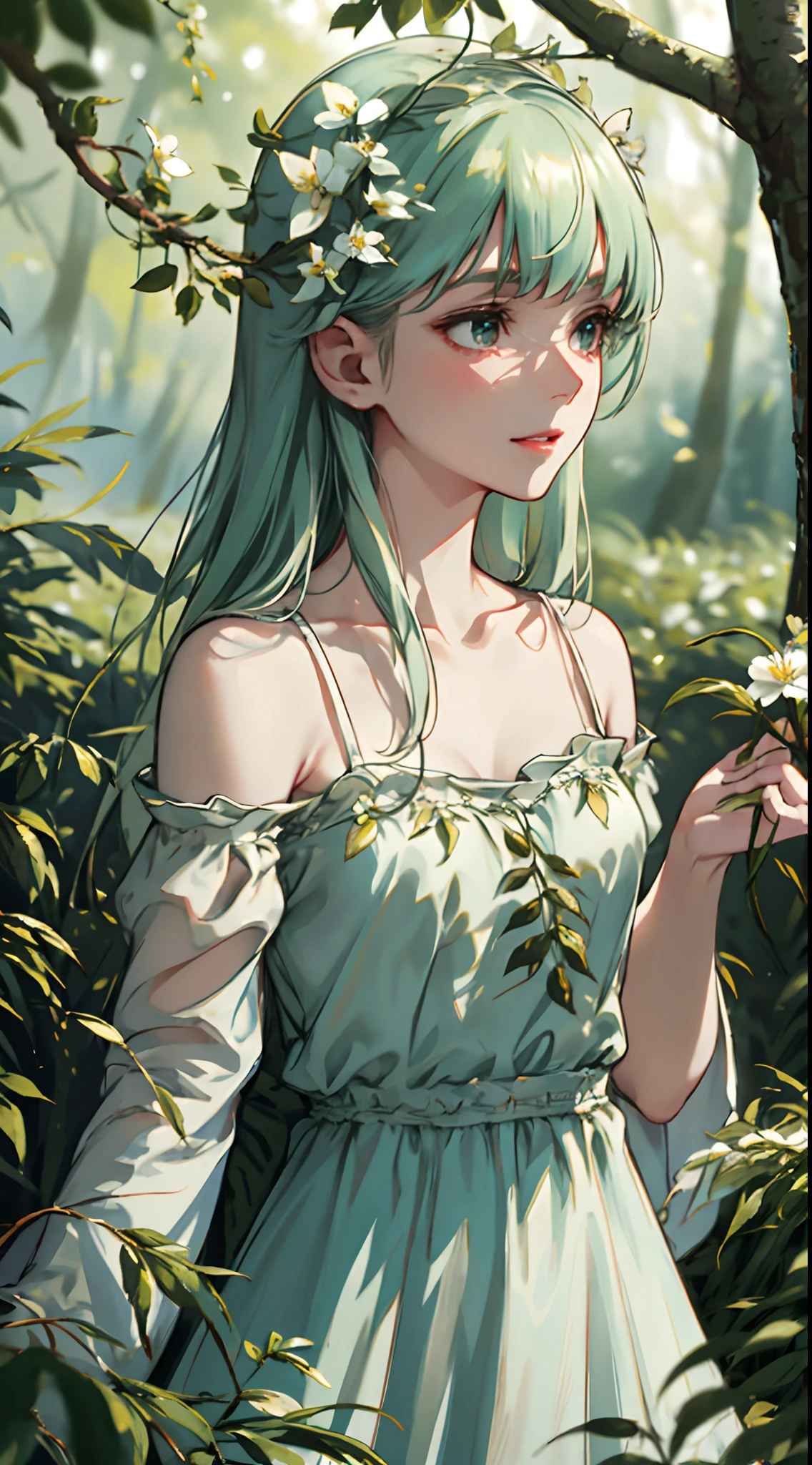 1 girl, upper body, single focus, delicate beauty, lily-of-the-valley dress, ethereal grace, (lily-of-the-valley field: 1.4), (springtime blooms: 1.3), porcelain skin, enchanting aura, [depth of field, ambient lighting, dew-kissed foreground, woodland glade background], fragrant lilies, morning dew, gentle breezes, (enchanted forest), (clearing: 1.2), intricate floral details, enhanced lighting.